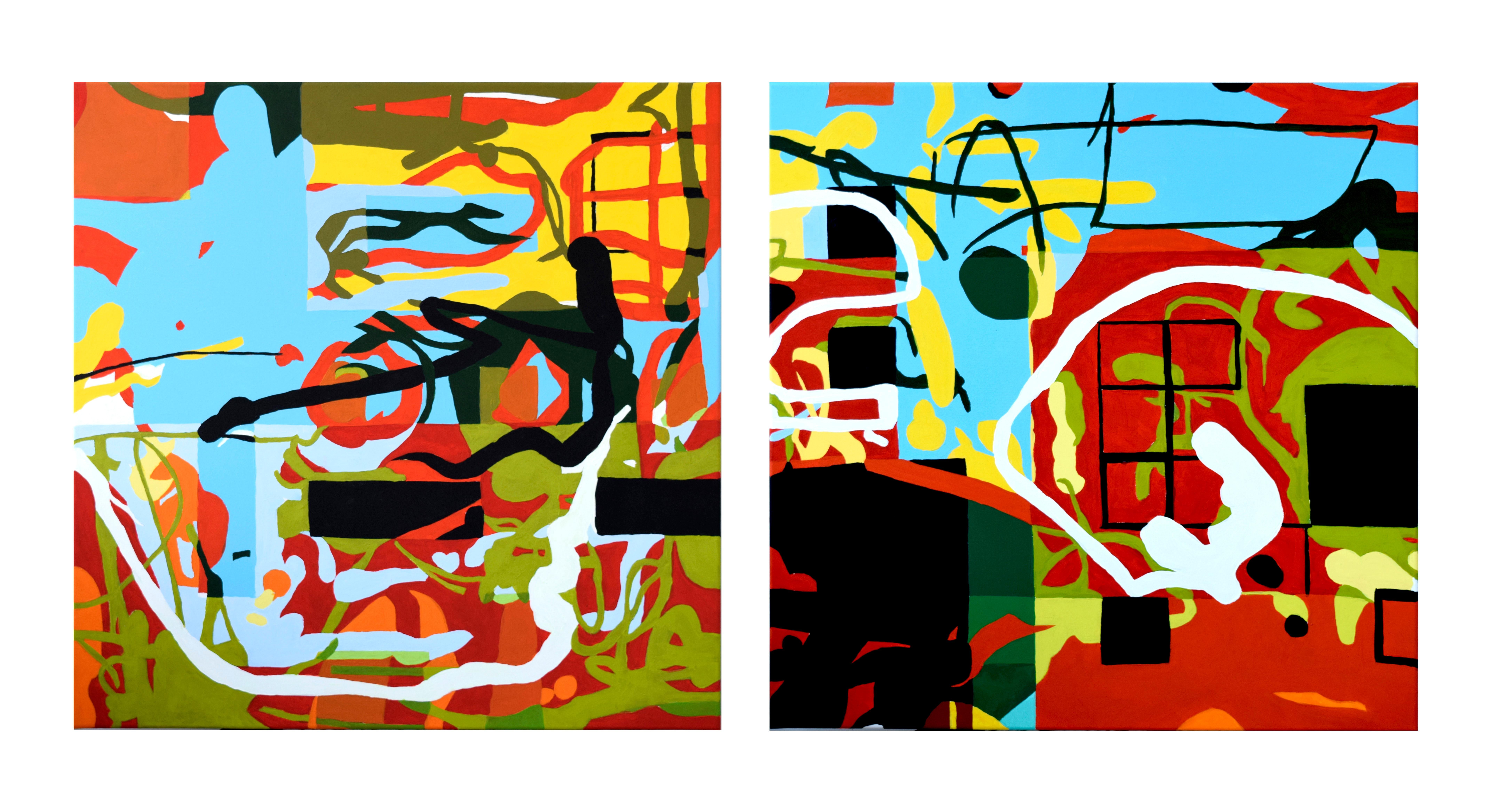 Diptychon -  „Schwarz auf Rot“ – Abstraktes Gemälde, Expression, Pop, Street Art