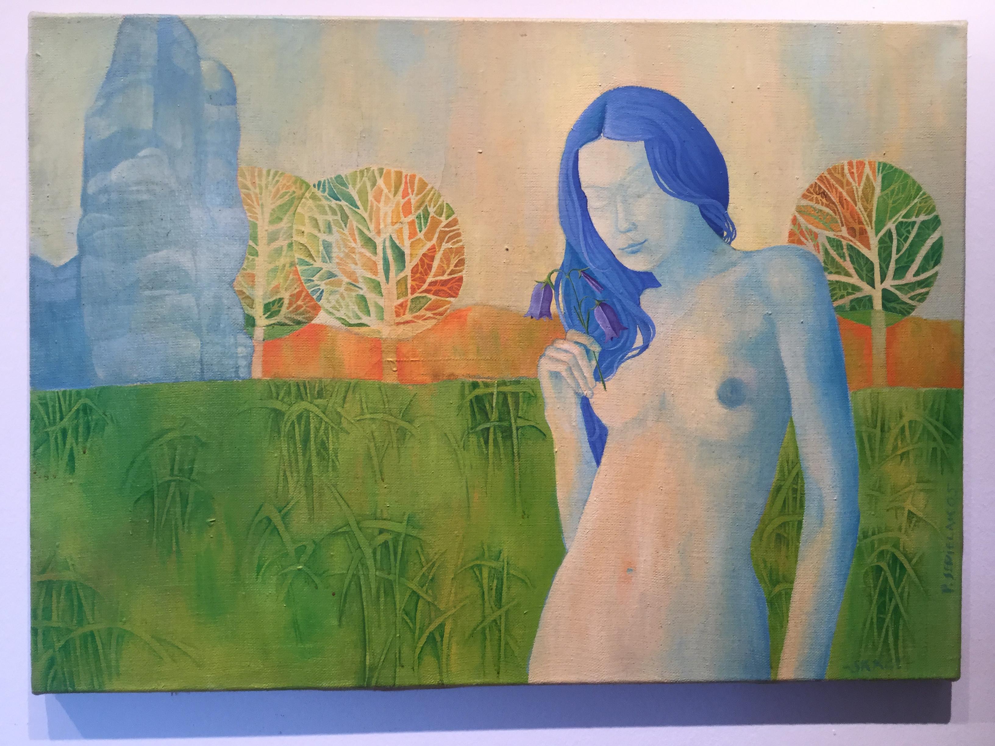 Sans titre - Girl With Blue Hair - Peinture à l'huile surréaliste - Nu - Gris Figurative Painting par Pawel Sepielak