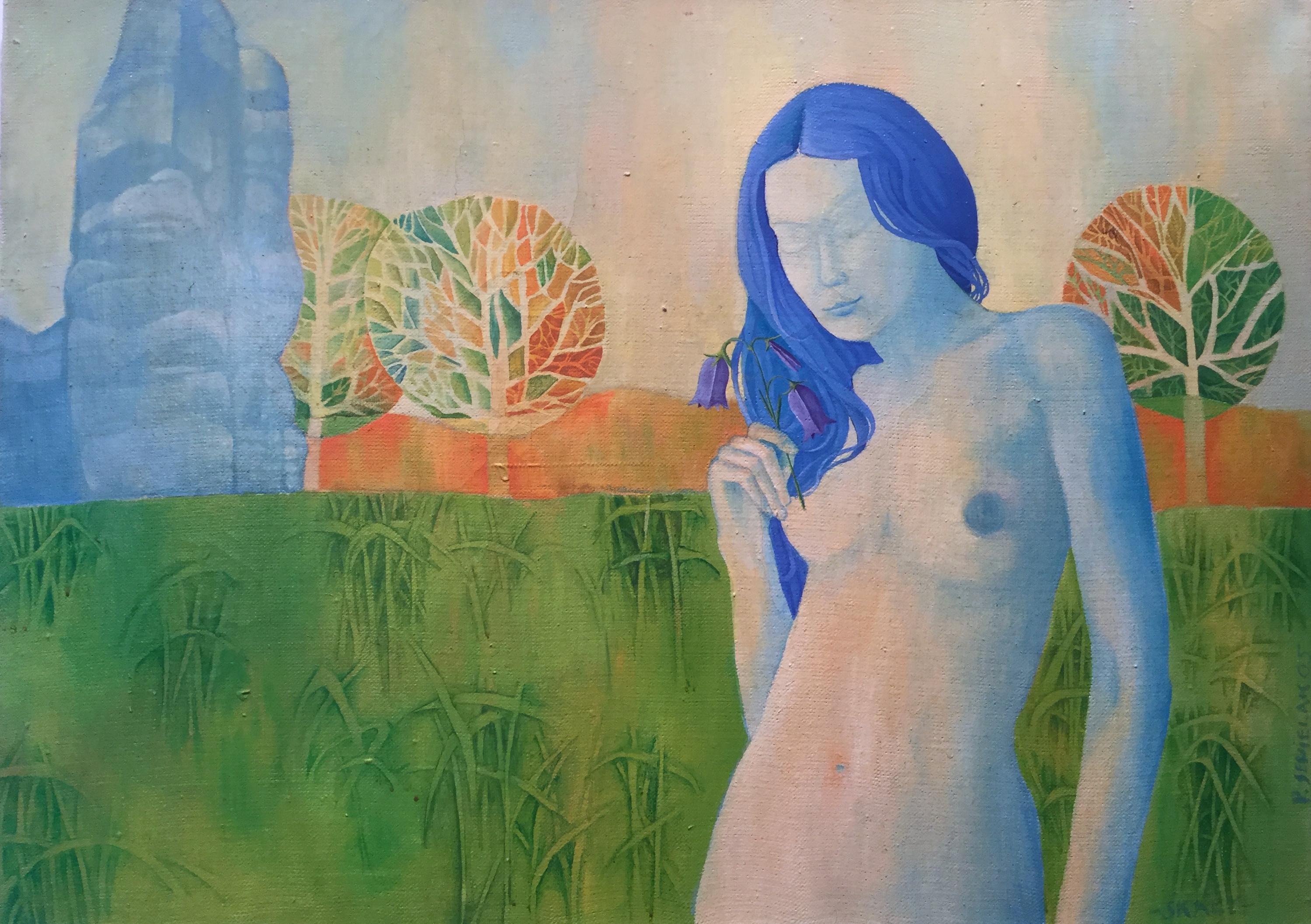 Untitled - Girl With Blue Hair - Surrealistic Oil Painting - Nude