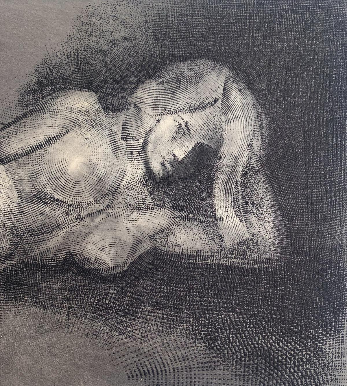 Contemporary figurative etching print by Polish arist living in Canada, Pawel Zablocki. Print depicts a woman laying on her side with head resting on her arm. Artwork is monochromatic. Artist's unique technique of printmaking creates interesting