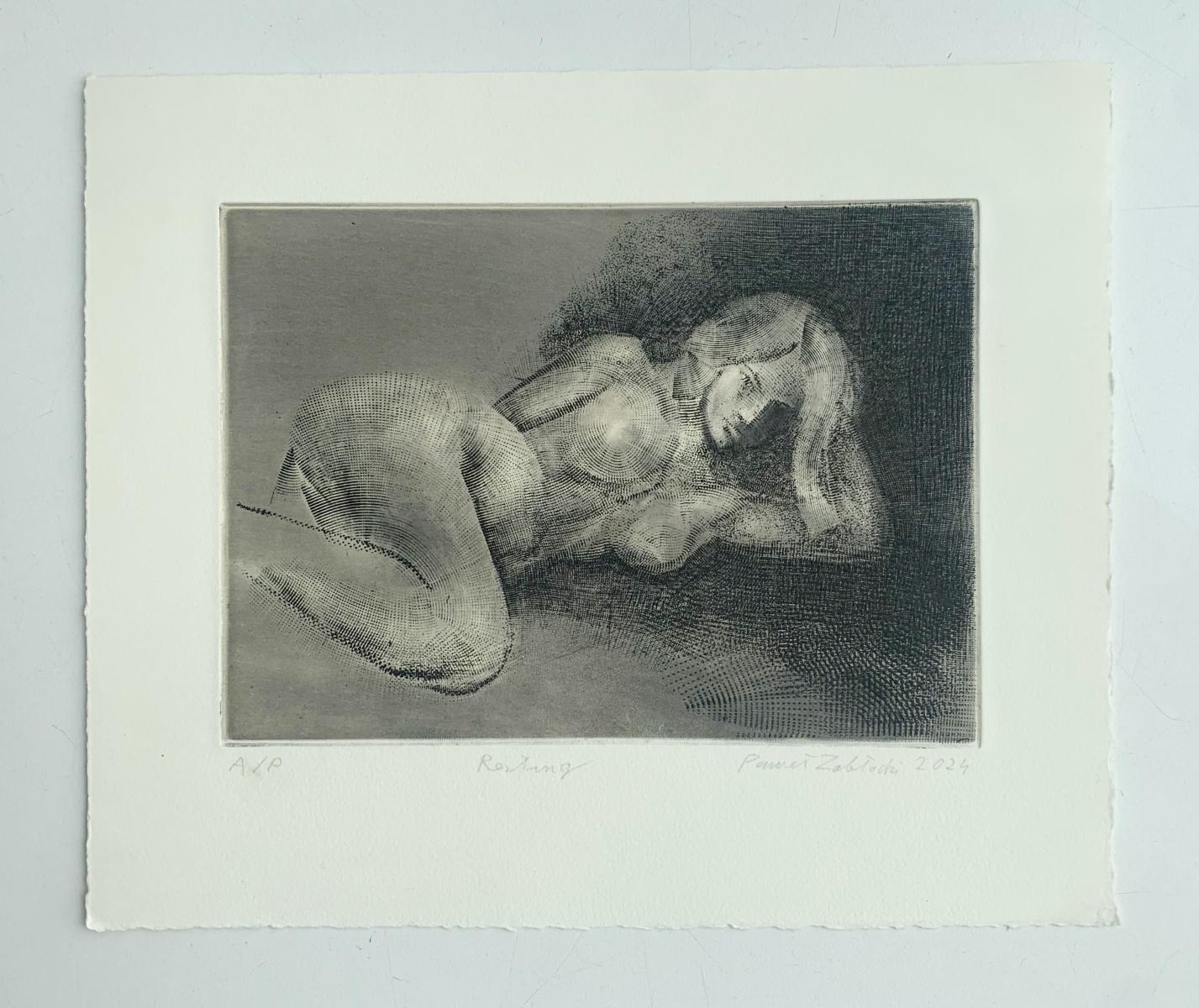 Riposo. Stampa all'acquaforte figurativa contemporanea, Nudo femminile, artista polacco - Print Contemporaneo di Pawel Zablocki