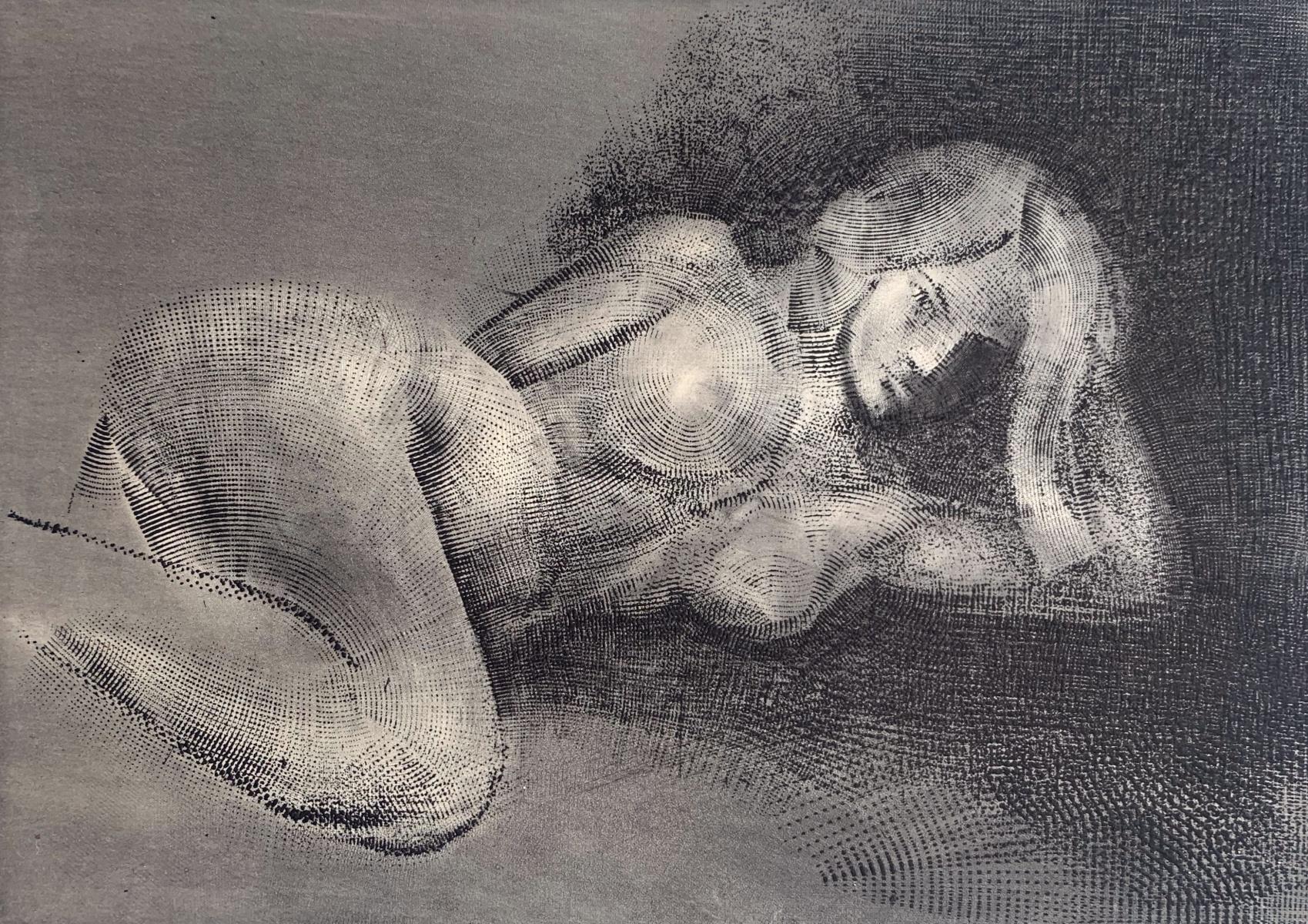 Descansa. Grabado al aguafuerte figurativo contemporáneo, Desnudo femenino, artista polaco