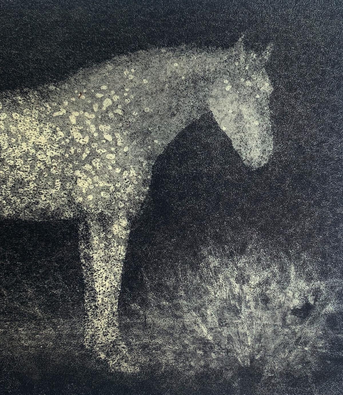 Contemporary figurative etching print by Polish arist living in Canada, Pawel Zablocki. Print depicts a horse on a monochromatic backroung. Artist's unique technique of printmaking creates interesting effect of visual texture. 

PAWEL ZABLOCKI (born