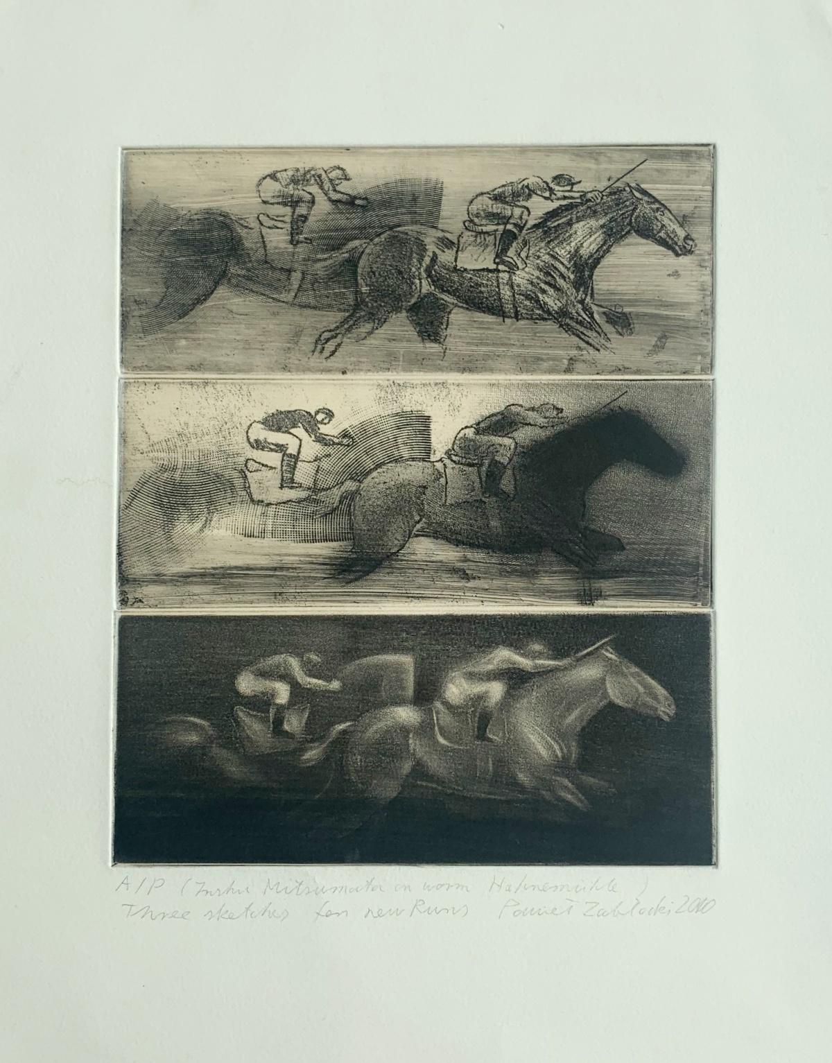 Contemporary figurative etching print by Polish arist living in Canada, Pawel Zablocki. Print depicts three scenes with equestrians. Artist's unique technique of printmaking creates interesting effect of visual texture. 

PAWEL ZABLOCKI (born in