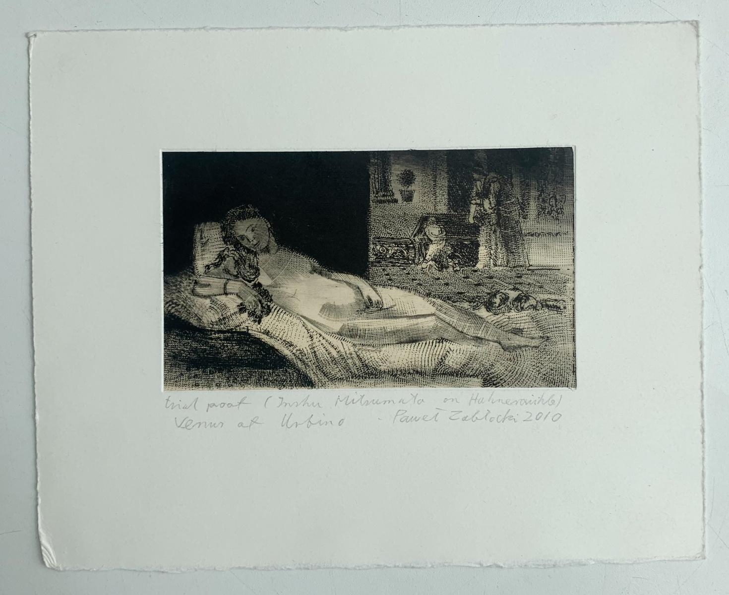 Contemporary figurative etching print by Polish arist living in Canada, Pawel Zablocki. Print depicts a woman laying in bed on her side. Artwork references Tiziano's 'Venus at Urbino'. This art piece in monochromatic. Artist's unique technique of
