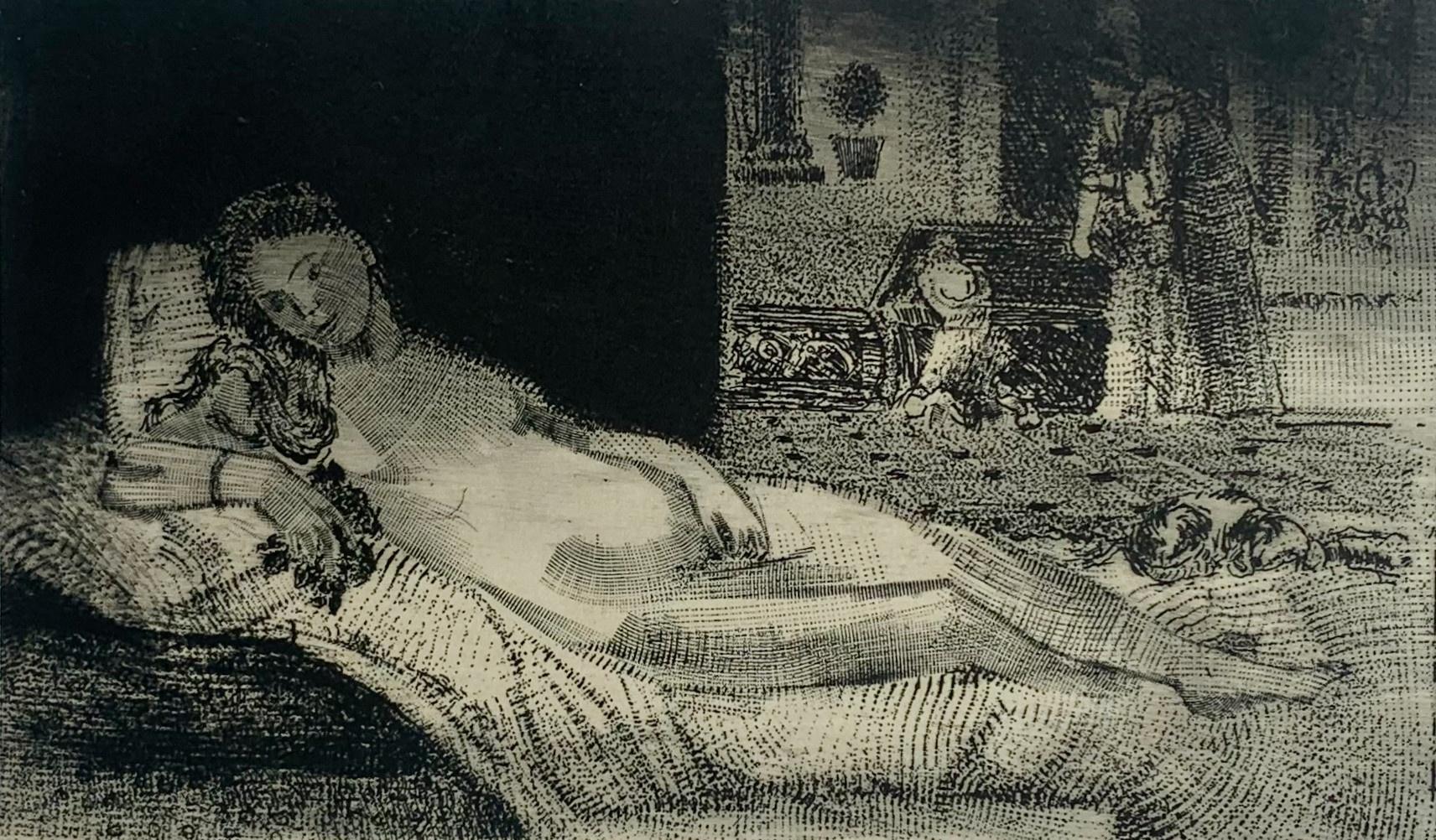 Venus en Urbino. Grabado al aguafuerte figurativo contemporáneo Desnudo femenino Artista polaco