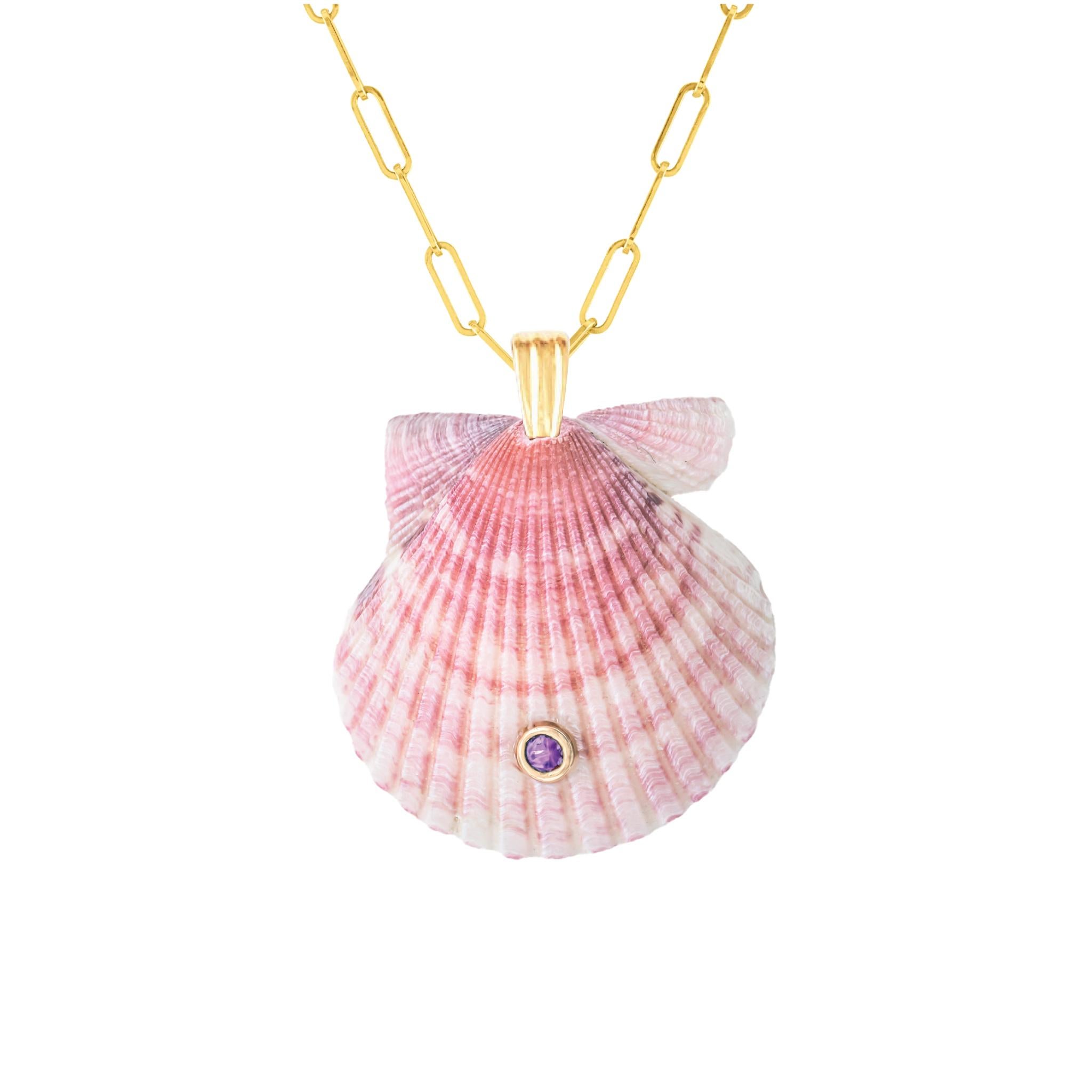 Moderne Pax Pendentif en or 14k avec coquillage naturel et pierre naturelle améthyste