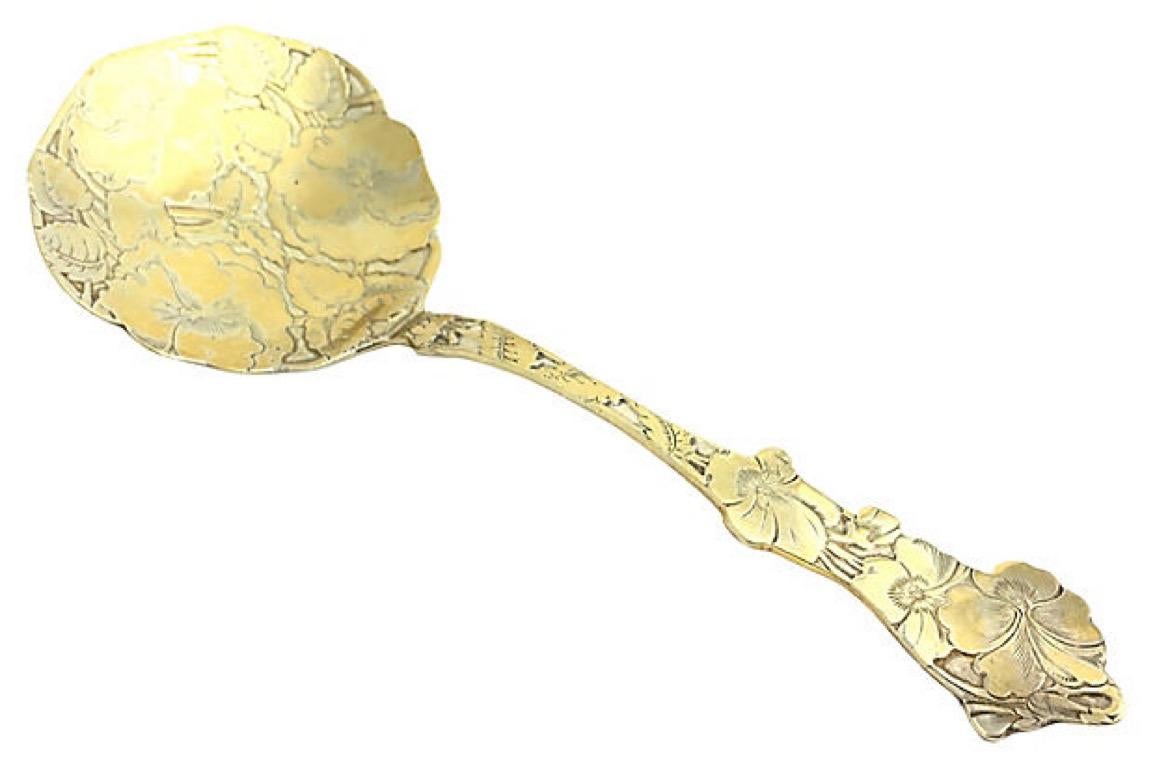 20th Century Paye and Baker Pansy Flower Gilt Sterling Silver Confection or Nut Spoon For Sale