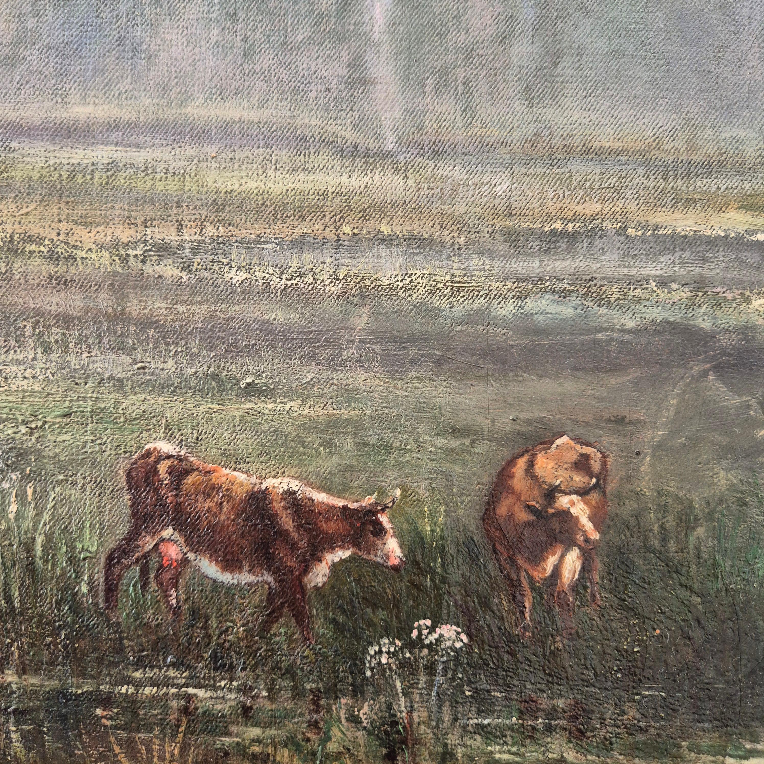Paysage aux vaches, signé Eugène Capelle, huile sur toile, 1881, 19e siècle Bon état à NICE, FR