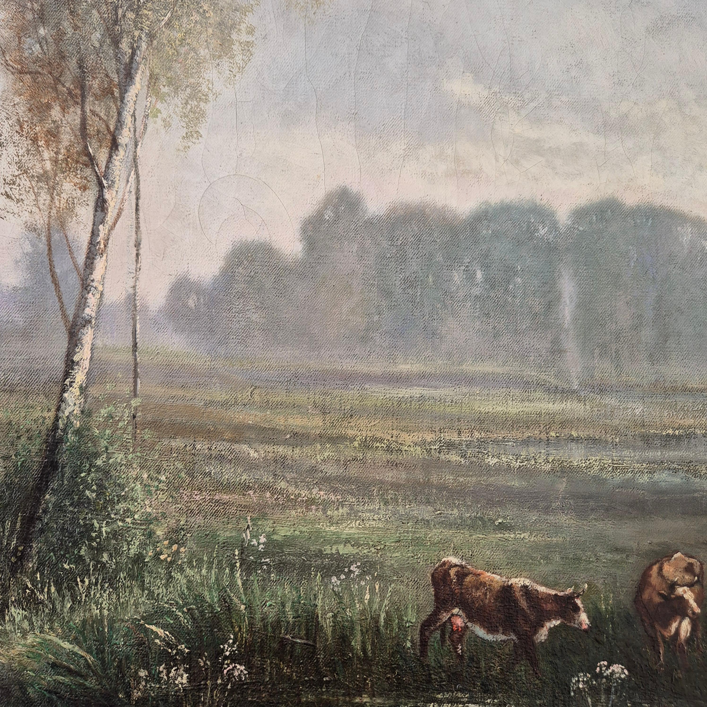 Fin du XIXe siècle Paysage aux vaches, signé Eugène Capelle, huile sur toile, 1881, 19e siècle
