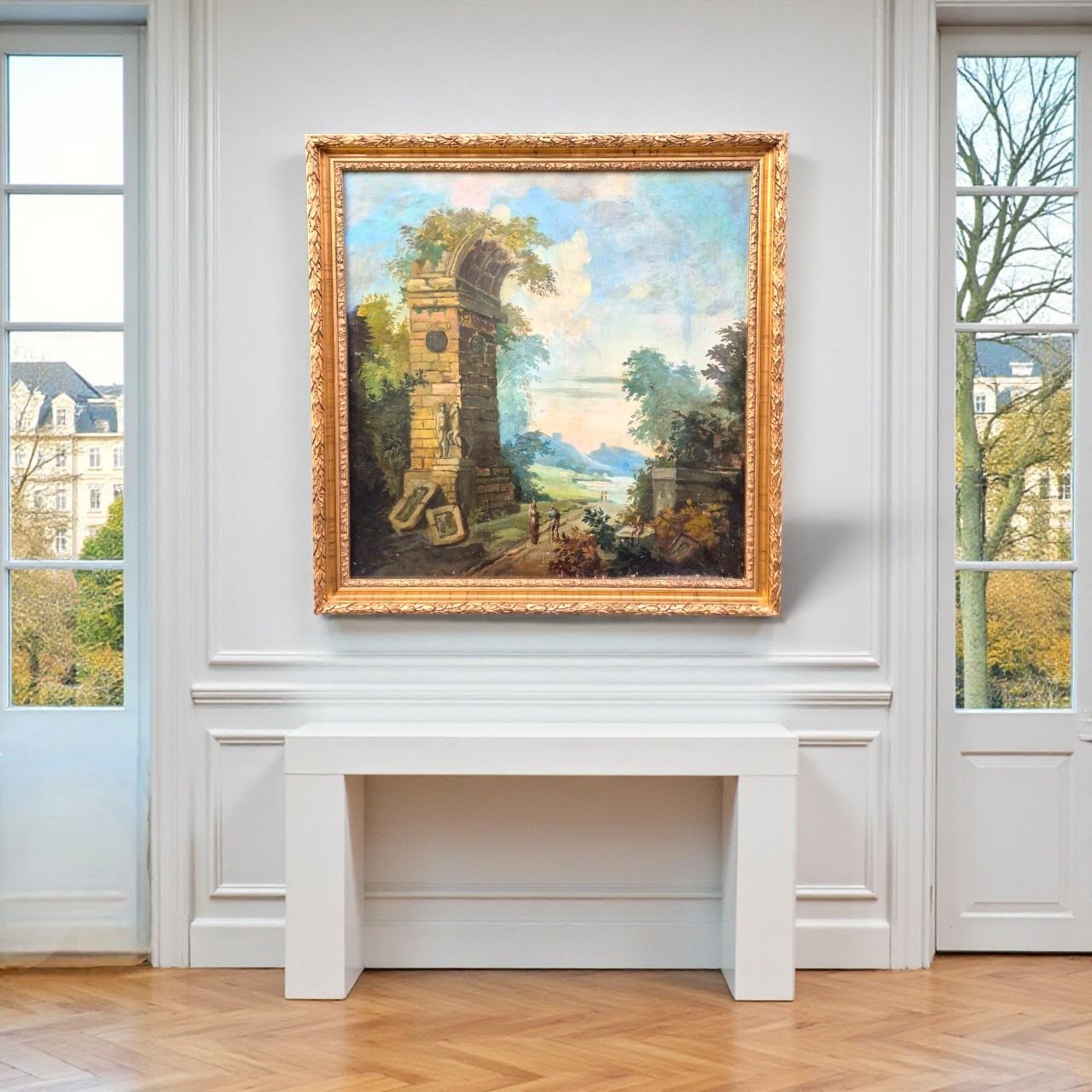 Romantische Landschaft mit antiken Ruinen, huile sur toile, Frankreich, XIXᵉ siècle im Angebot 3