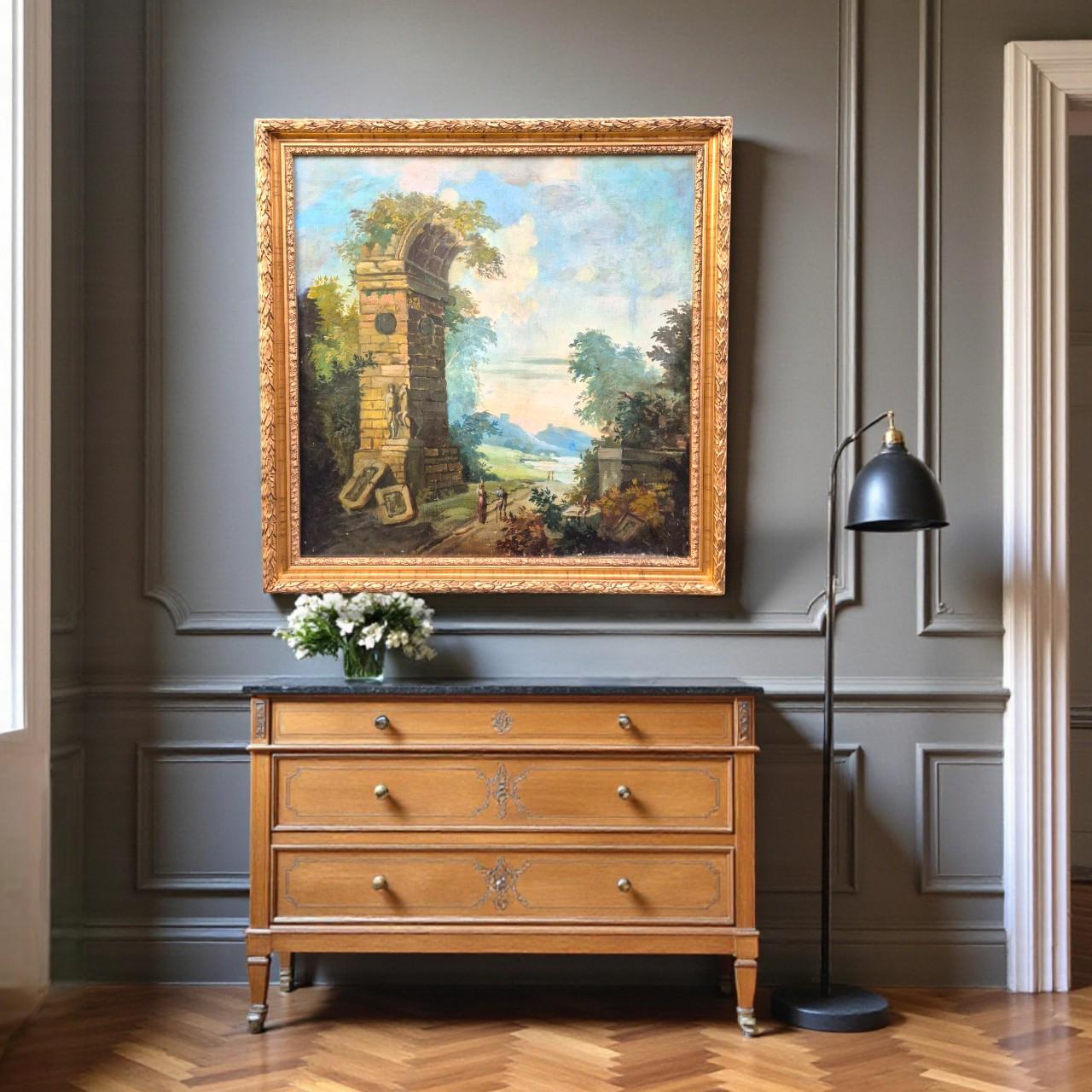 Romantische Landschaft mit antiken Ruinen, huile sur toile, Frankreich, XIXᵉ siècle im Angebot 4