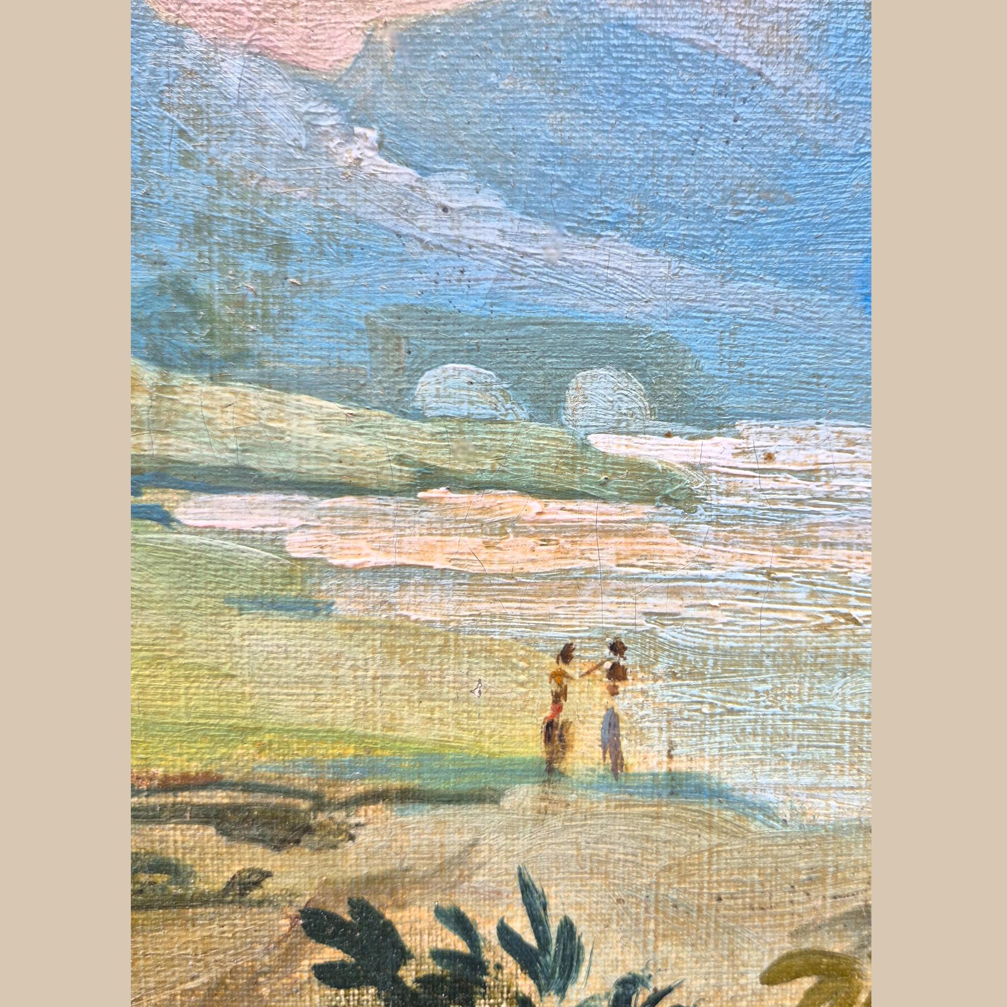 Dieses schöne Ölgem�älde aus dem 19. Jahrhundert zeigt eine romantische und leuchtende Landschaft, die von kleinen Figuren belebt wird, die am Fuße imposanter, mit Laub bewachsener alter Ruinen spazieren gehen. Unter einem zart schattierten Himmel