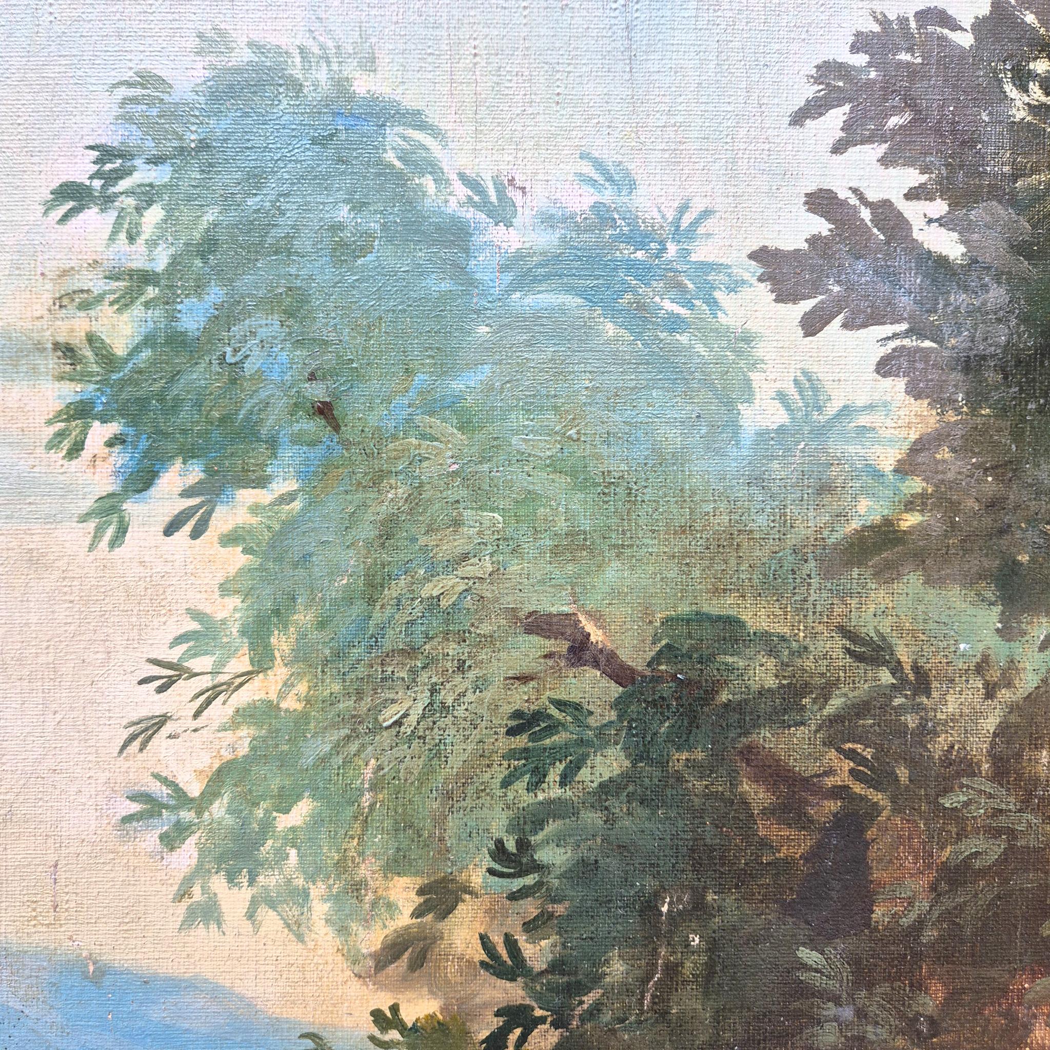 Romantische Landschaft mit antiken Ruinen, huile sur toile, Frankreich, XIXᵉ siècle (Französisch) im Angebot