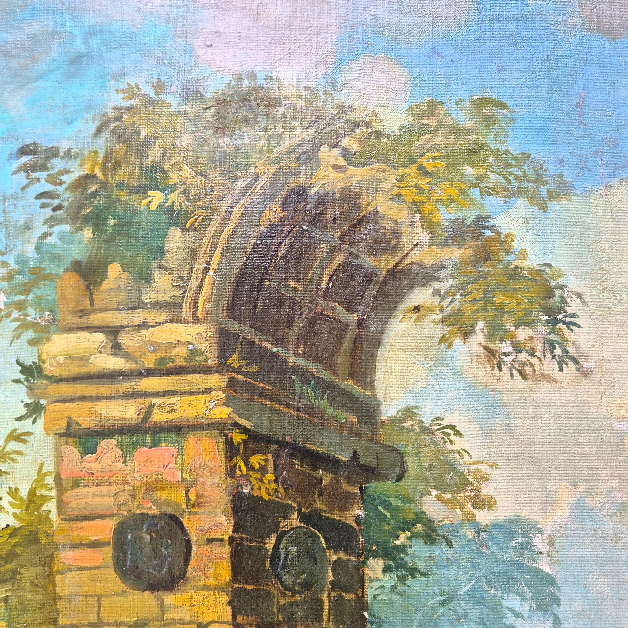 Romantische Landschaft mit antiken Ruinen, huile sur toile, Frankreich, XIXᵉ siècle (Geölt) im Angebot