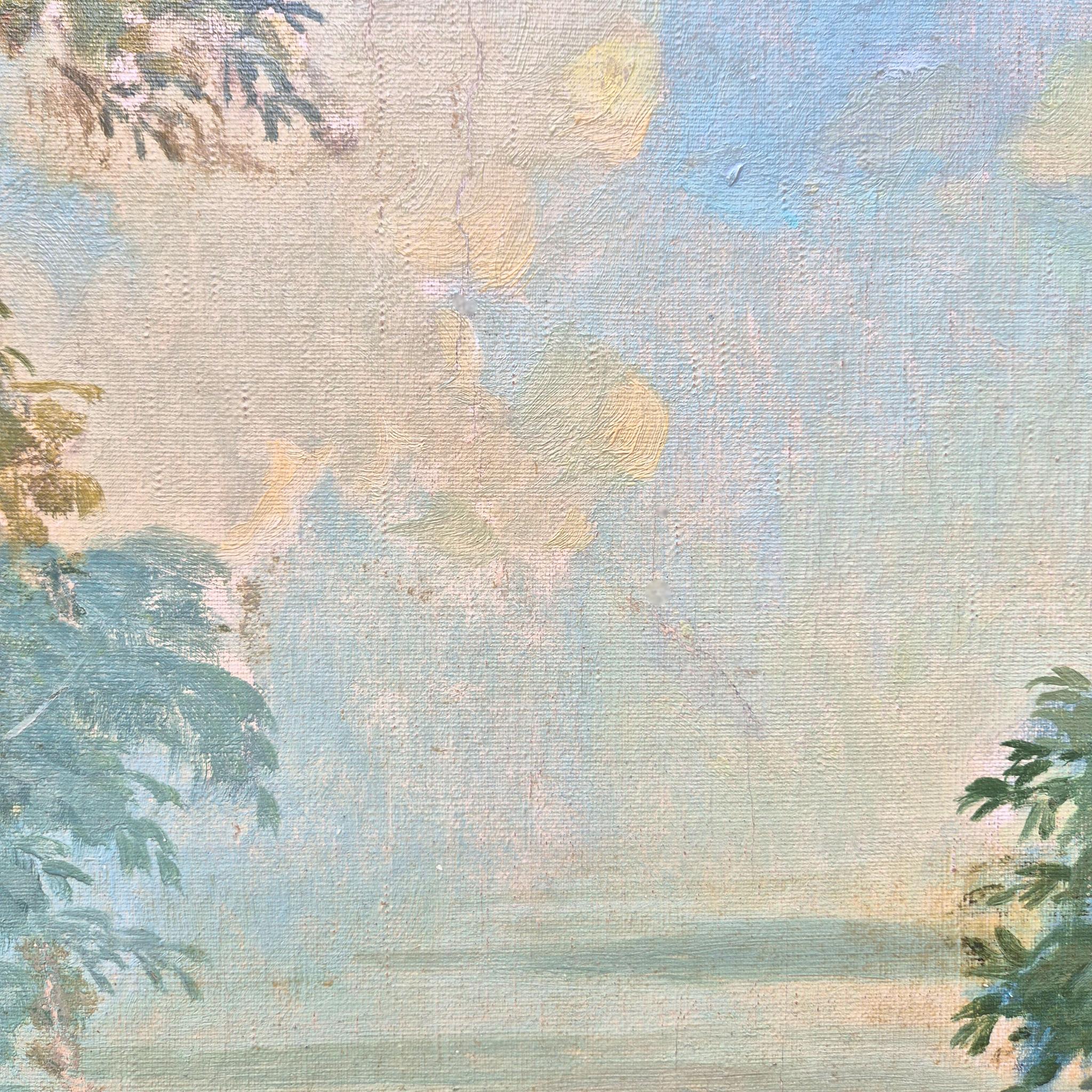 Romantische Landschaft mit antiken Ruinen, huile sur toile, Frankreich, XIXᵉ siècle (Leinwand) im Angebot