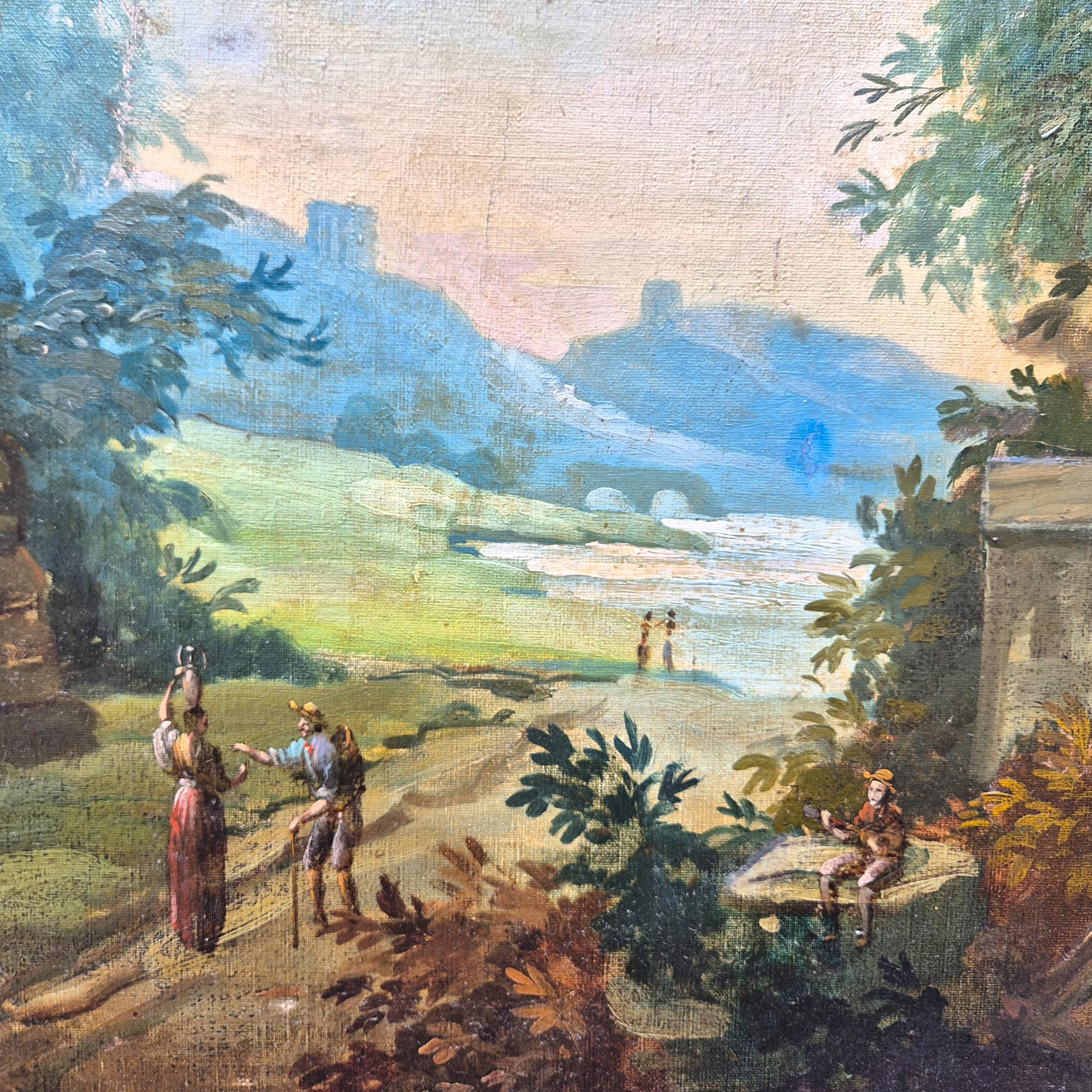 Romantische Landschaft mit antiken Ruinen, huile sur toile, Frankreich, XIXᵉ siècle im Angebot 1