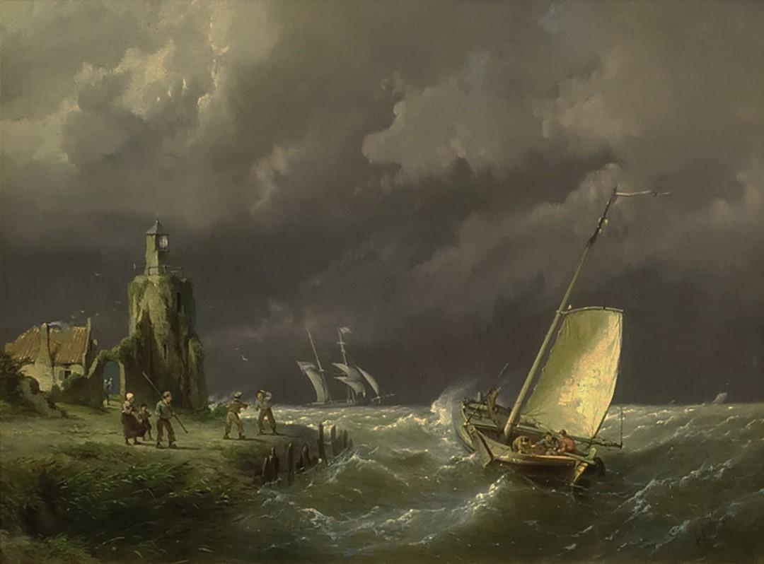 First lighthouse in Amsterdam, P.C. Dommersen, 19th century, Oil paint/panel For Sale 1