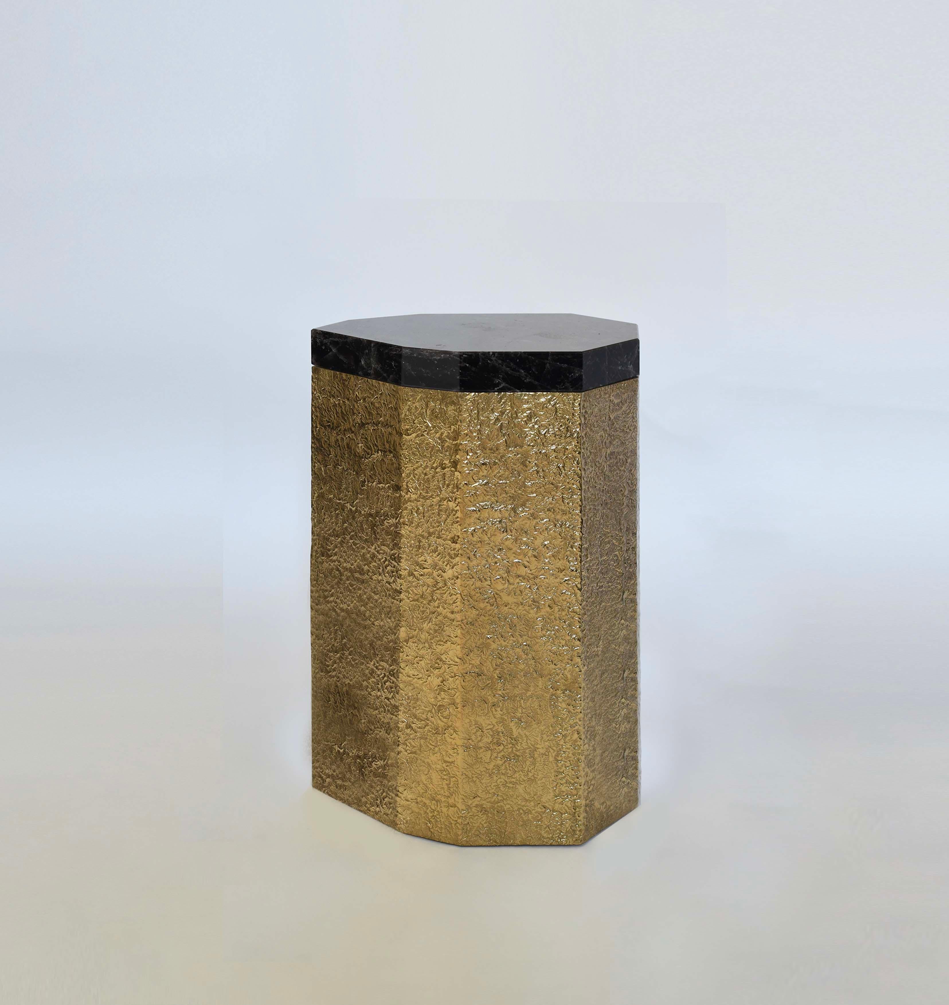 Hammered brass finish side table with dark smoky rock crystal quartz top. Created by Phoenix Gallery, NYC.
Custom size, quantity, and finish upon request.