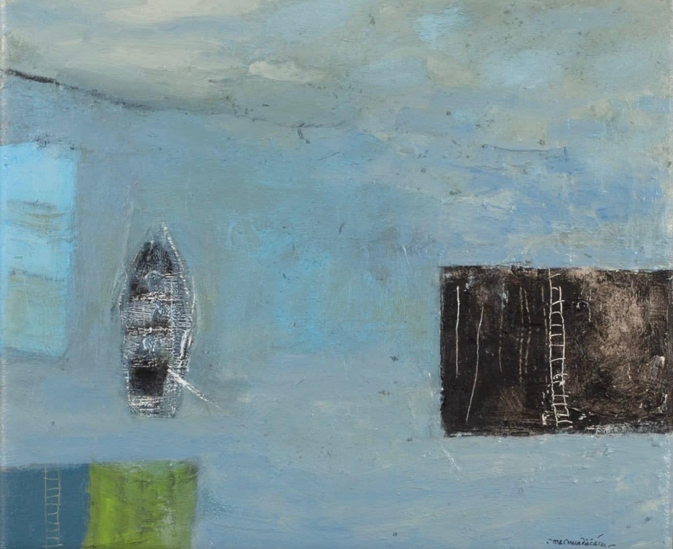 I See a Fishing Boat, Ledersessel, Öl auf Leinwand, von Padraig Macmiadhachain – Painting von Pádraig MacMiàdhachain