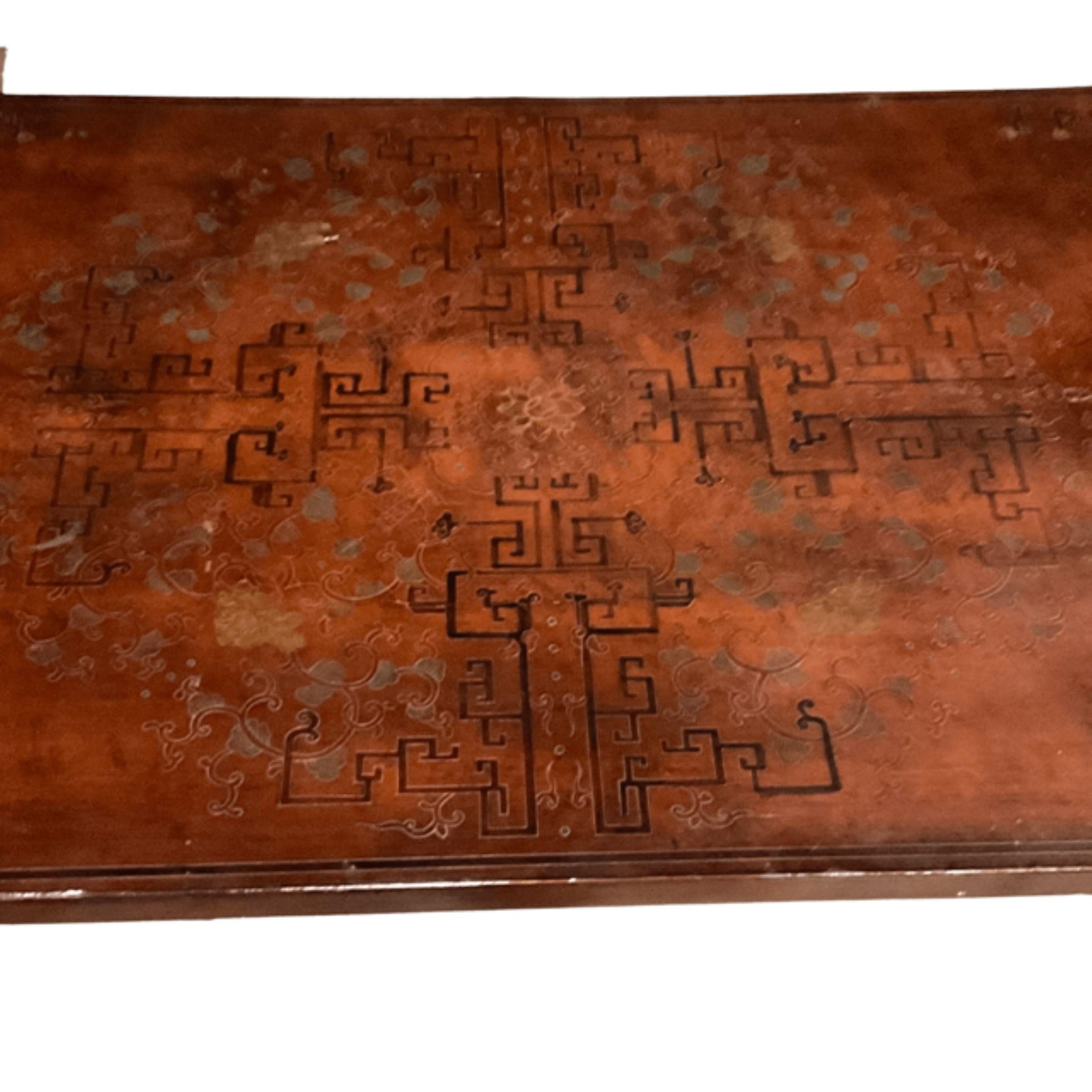 P.E. Guerin
Reclaimed Oriental Wood Panel Embellished & Repurposed with P.E. Guerin Hardware Coffee Table
The Company Created these Tables in the late 1960's & early 1970's
The Hardware is a beautiful Bronze 