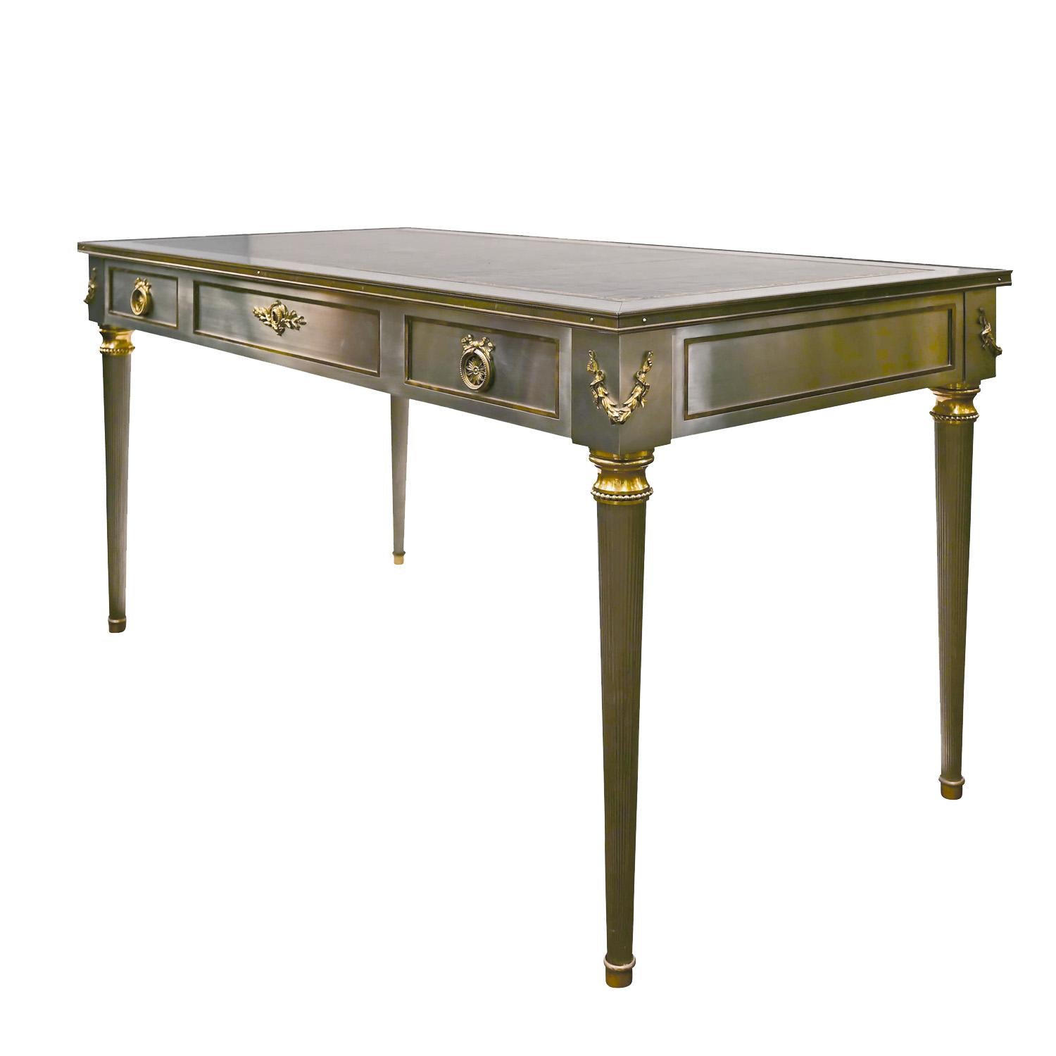 Mid-Century Modern P.E. Guerin Artisan Desk in Stainless Steel with Brass Accents C. 1950, 'Signed'