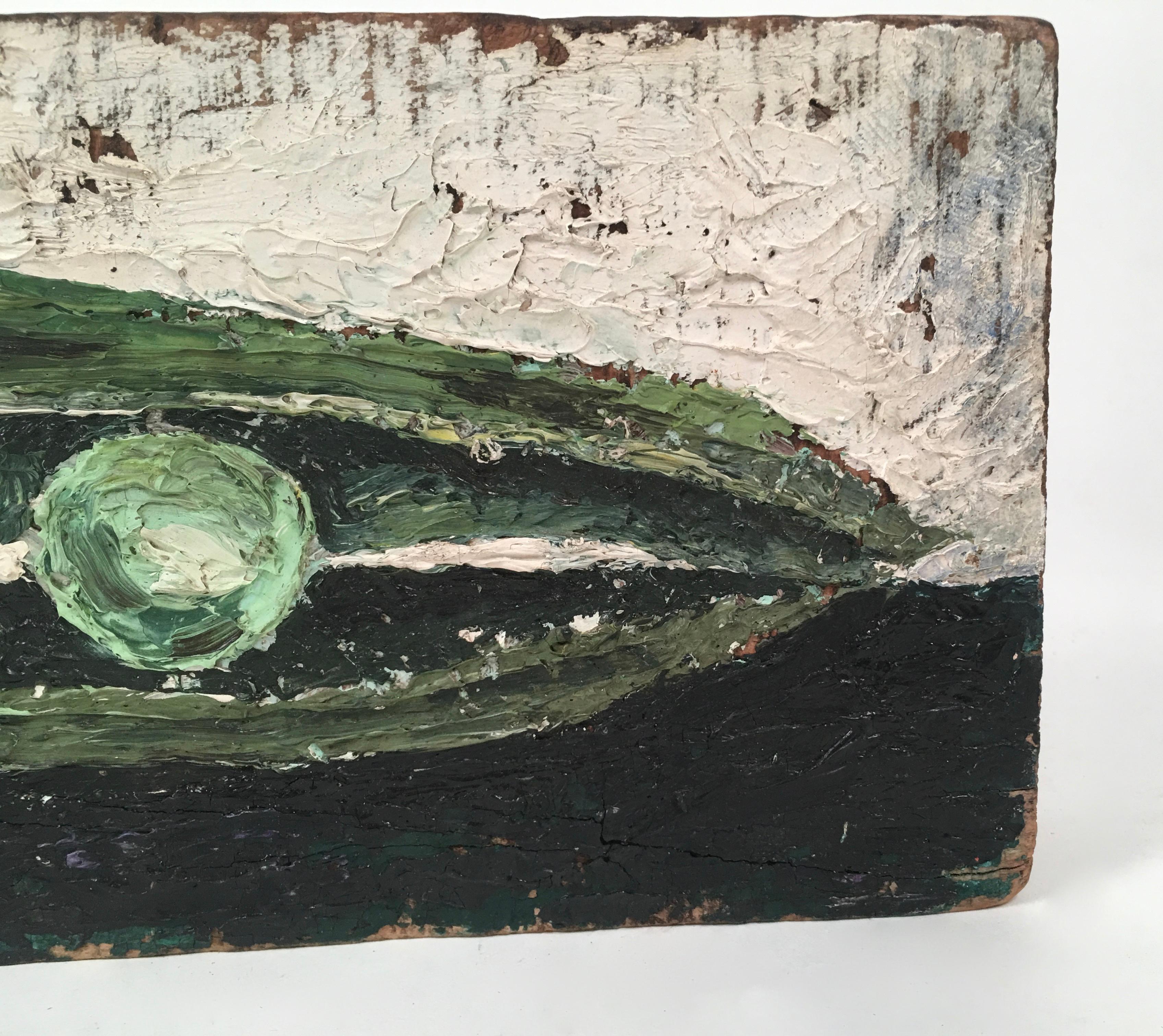 Pea Pod Still Life Painting on Wood Plank In Good Condition In Essex, MA