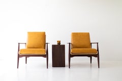 Peabody Wicker Lounge Chairs, Gold Fabric and Walnut, Craft Associates