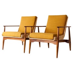 Peabody Wicker Lounge Chairs, Gold Fabric and Walnut, Craft Associates 