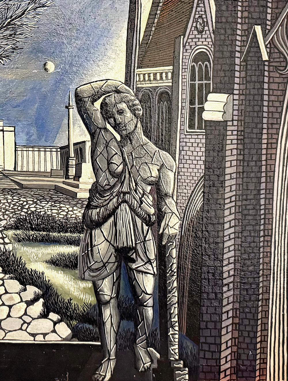 Undoubtedly the most important example of American Surrealism we have ever offered, this 1933-vintage painting by Daniel Koerner depicts a deeply-fissured Classical statue and a female nude in a courtyard framed by a Gothic Revival church and, in