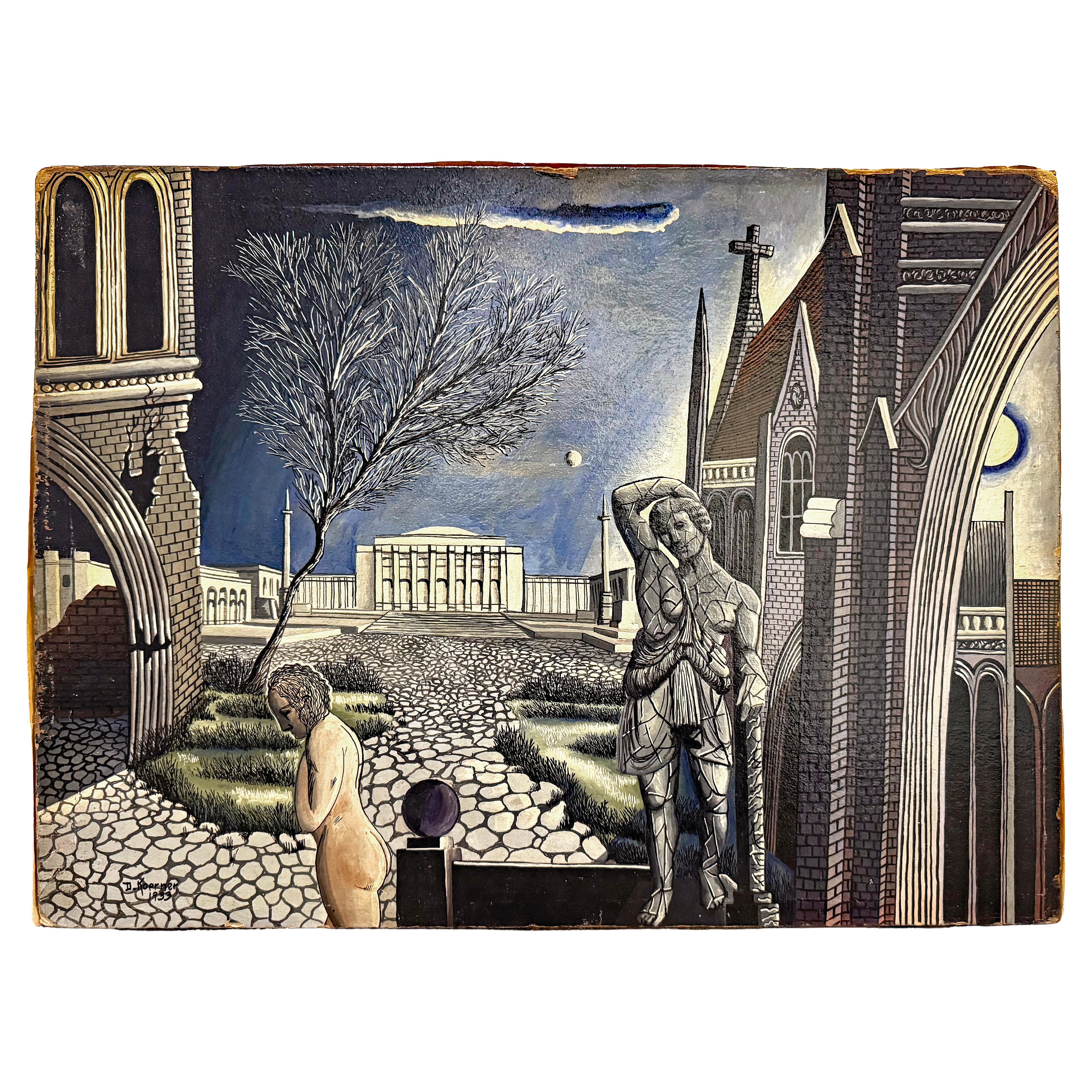 "Peace After the War", Important Surrealist Painting, De Chirico Influence, 1933 For Sale