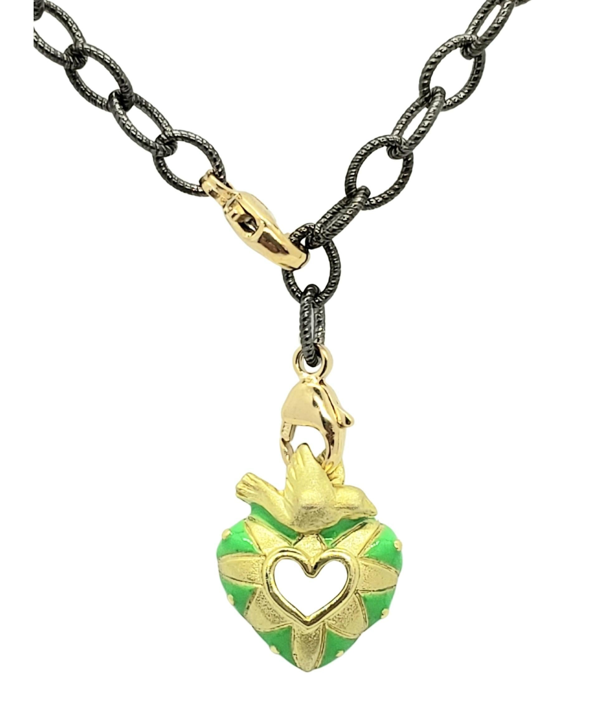 Contemporary Peace and Love Necklace in 18K Green Gold with Neon Green Enamel For Sale