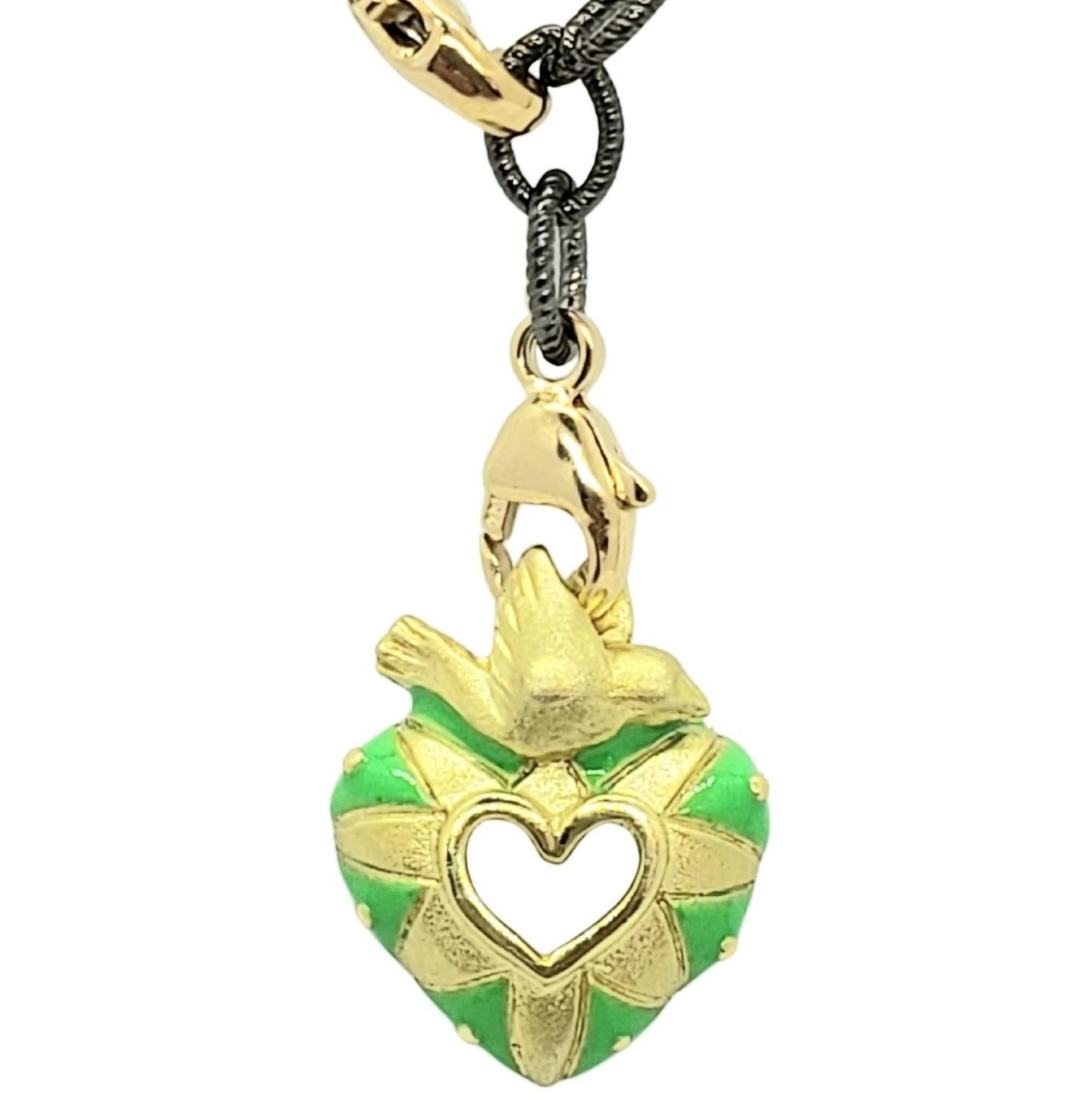 Peace and Love Necklace in 18K Green Gold with Neon Green Enamel In New Condition For Sale In Rutherford, NJ