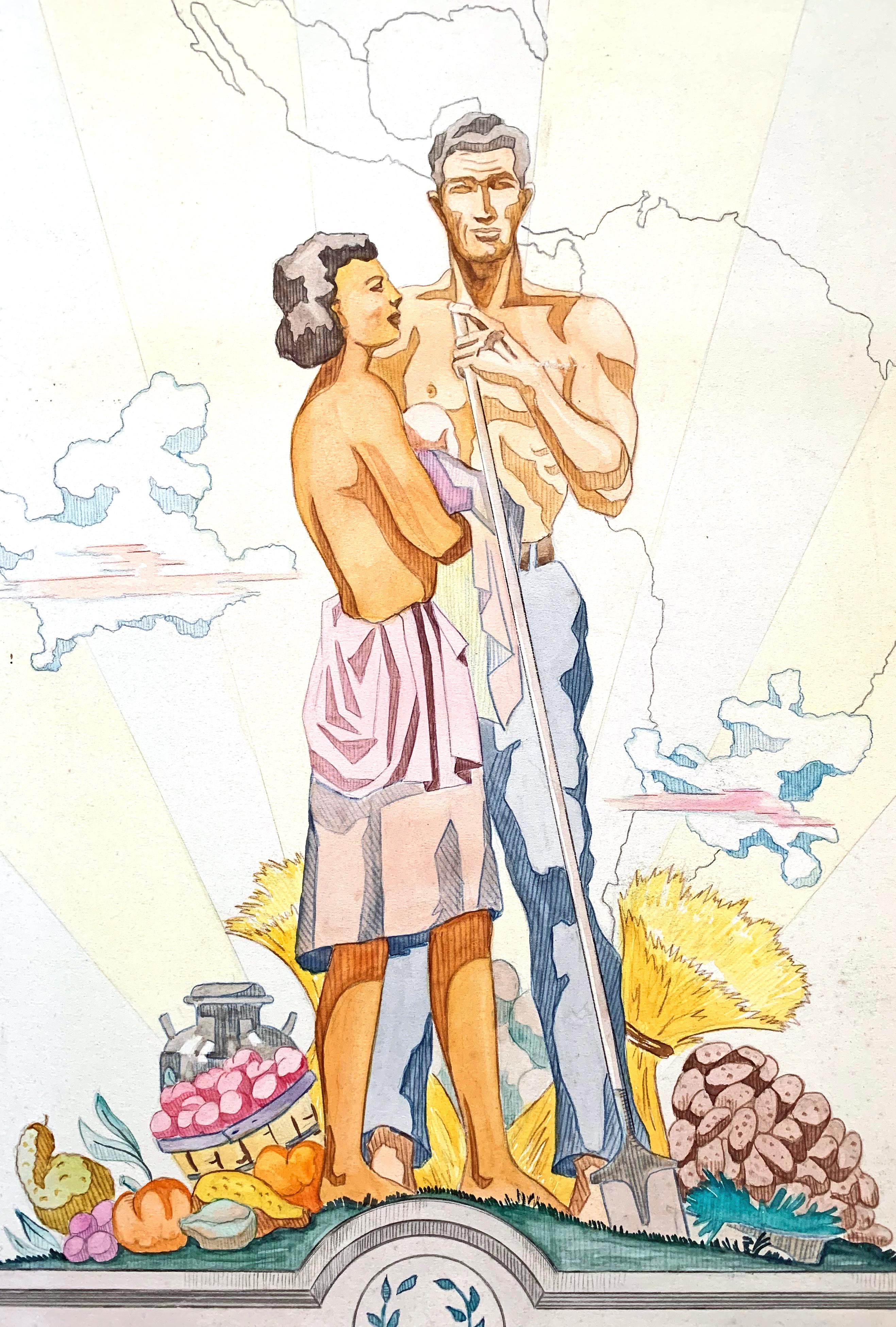 Dieses Tusche- und Aquarellgemälde war 1951 der Siegerbeitrag für ein großes Wandgemälde in Fort Meade in Maryland, das im Rahmen eines Gestaltungswettbewerbs für einen der Serviceclubs ausgeschrieben wurde. Wir wissen nicht, ob das Wandgemälde