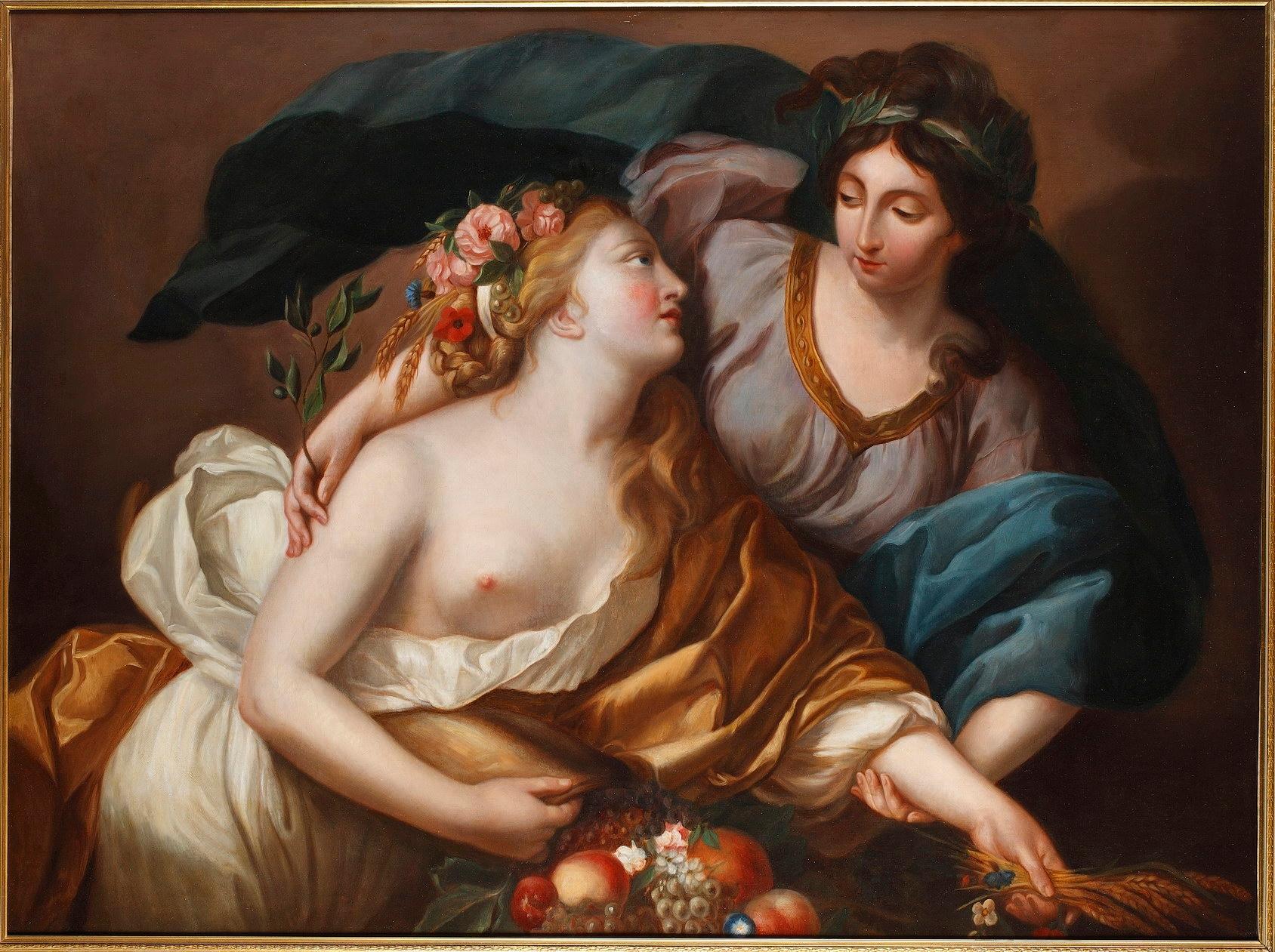 Large painting depicting peace bringing back abundance by a follower of Élisabeth-Louise Vigée Le Brun, (French, 1755-1842). High quality painting realized at in the 19th century after Vigée Le Brun's 1780 original work housed in the Louvre Museum.