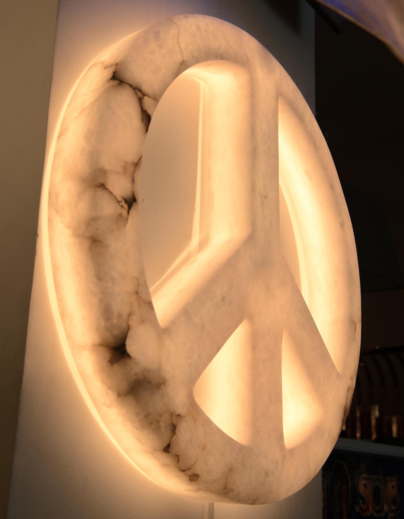 Carved Peace & Love Alabaster Wall Lamp For Sale