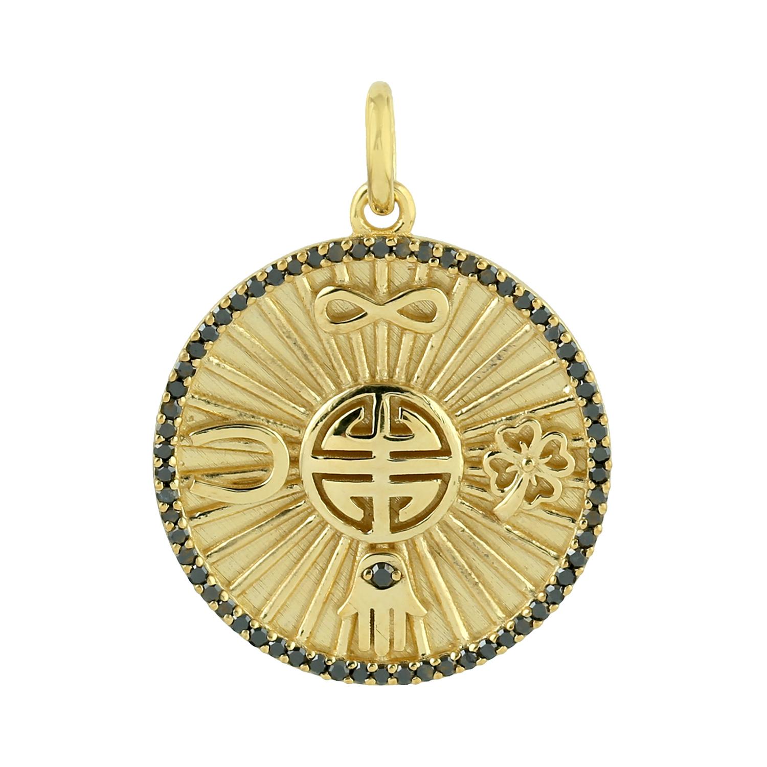 Round Cut Peace Luck Infinity Medallion 14 Karat Gold Charm Diamond Pendant Necklace