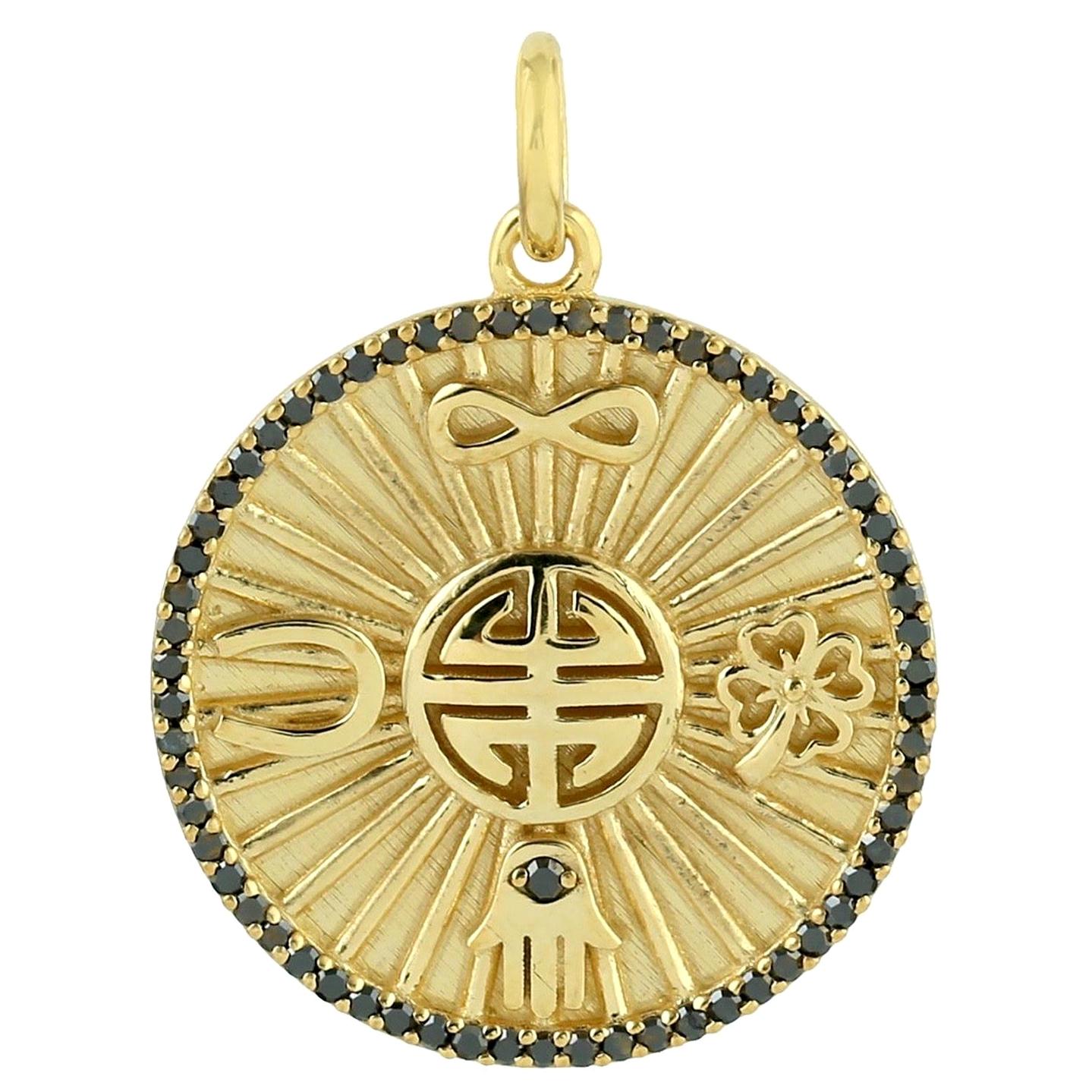Peace Luck Infinity Medallion 14 Karat Gold Charm Diamond Pendant Necklace