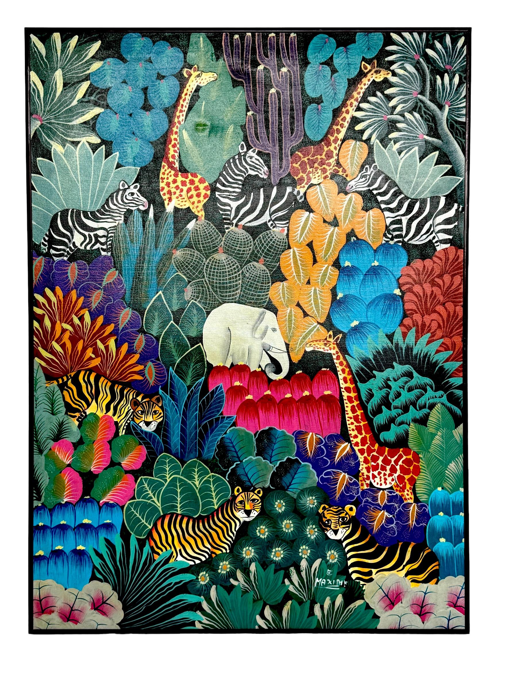 'Peaceable Jungle' by E. Maxime 
Haiti, Late 20th century 

A vibrant masterwork 'Peaceable Jungle' by E. Maxime, hailing from Haiti and painted in the late 20th century. This visually enchanting artwork, standing at 37 inches in height and 27