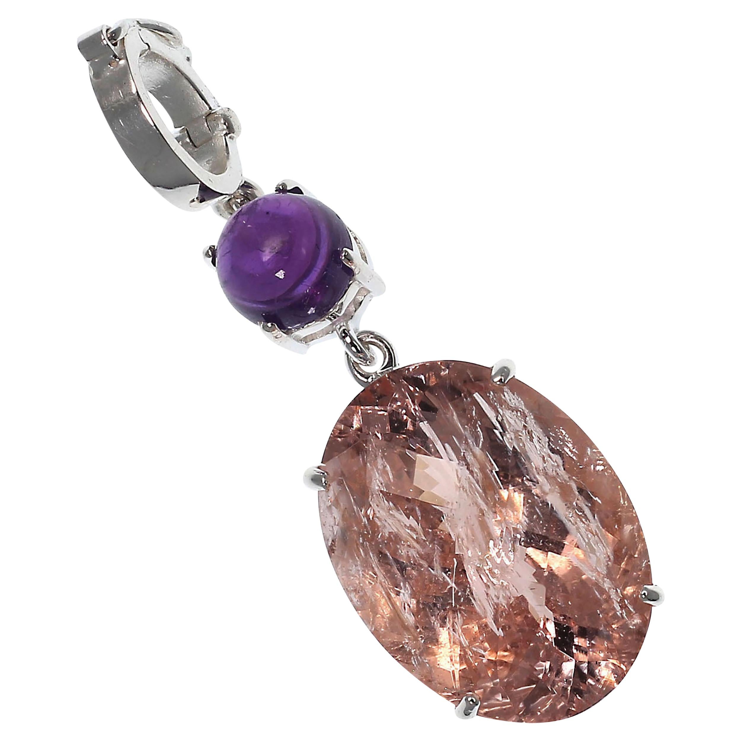 AJD Peach Morganite and Purple Shimmering Pendant For Sale