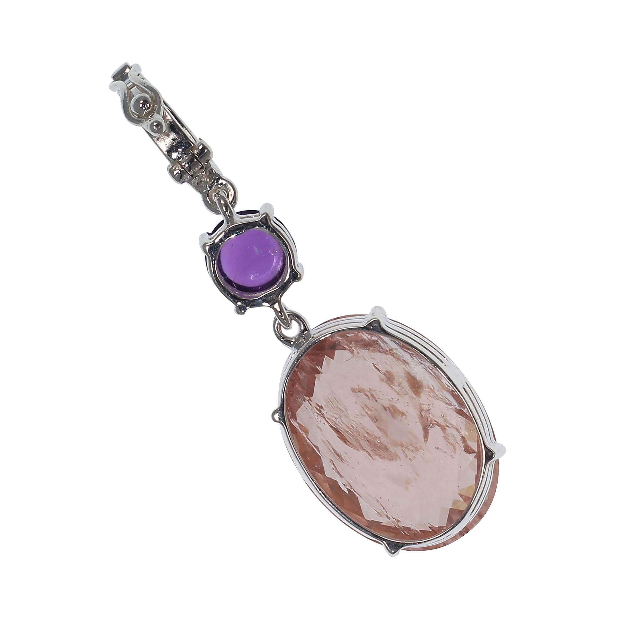 Oval Cut AJD Peach Morganite and Purple Shimmering Pendant For Sale