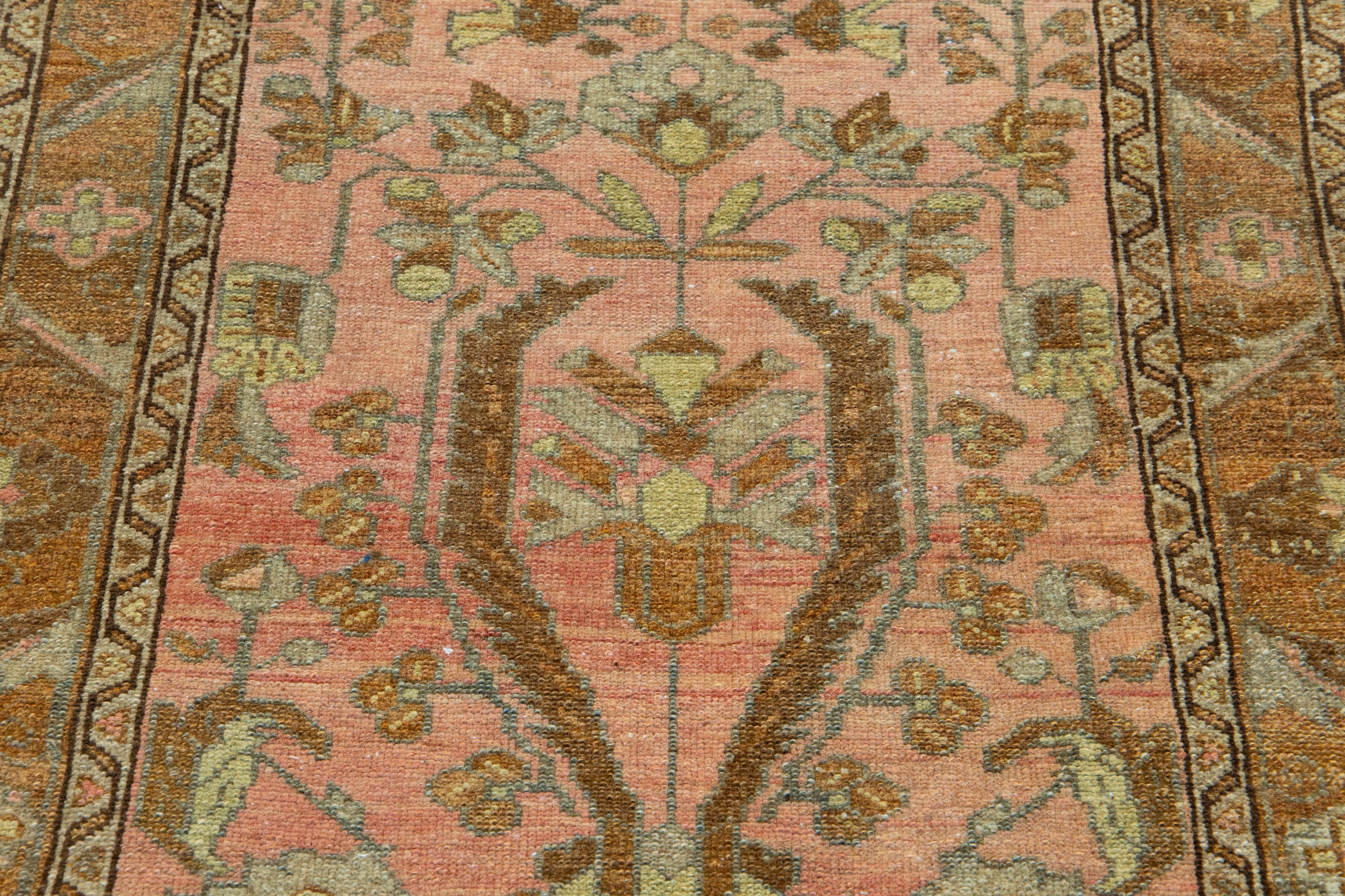 Peach Antique Lilihan Handmade Floral Designed Long Wool Runner In Good Condition For Sale In Norwalk, CT