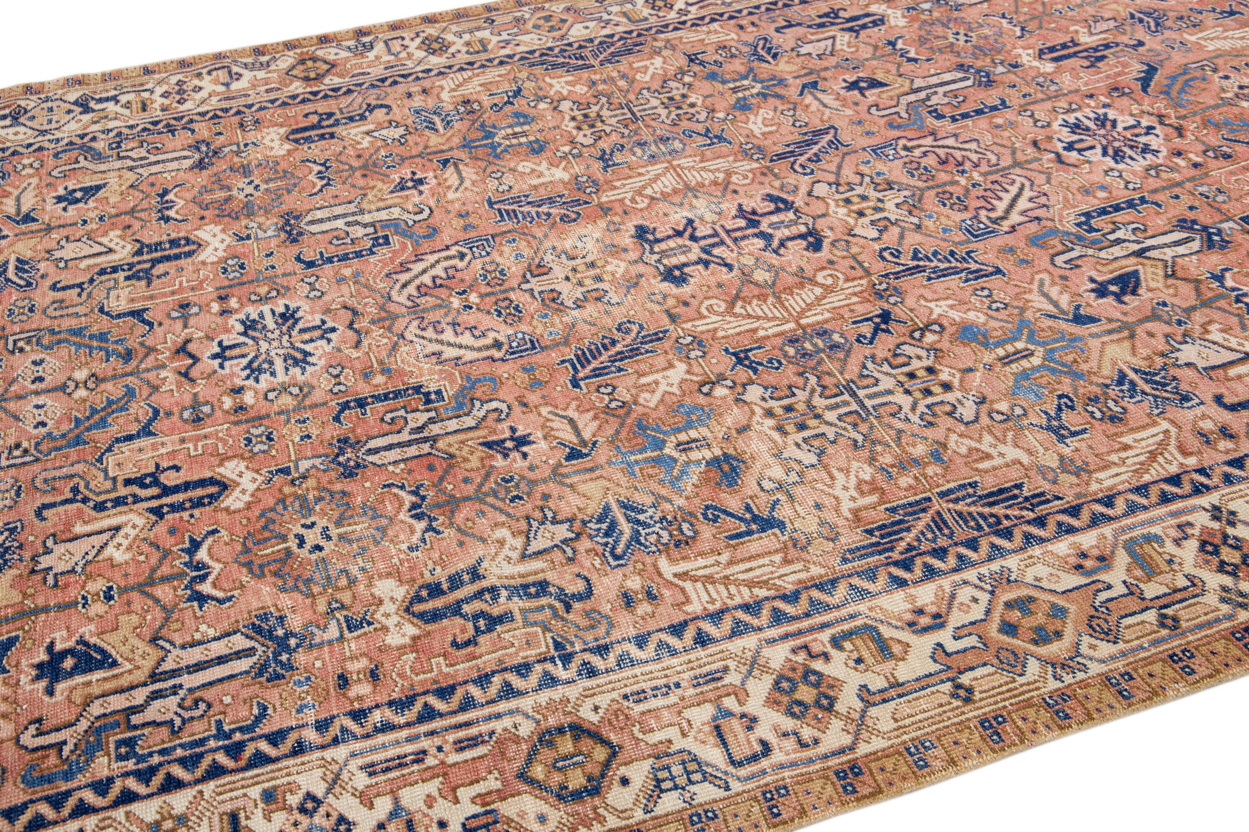 Peach Antique Persian Heriz Handmade Allover Pattern Wool Rug In Good Condition For Sale In Norwalk, CT