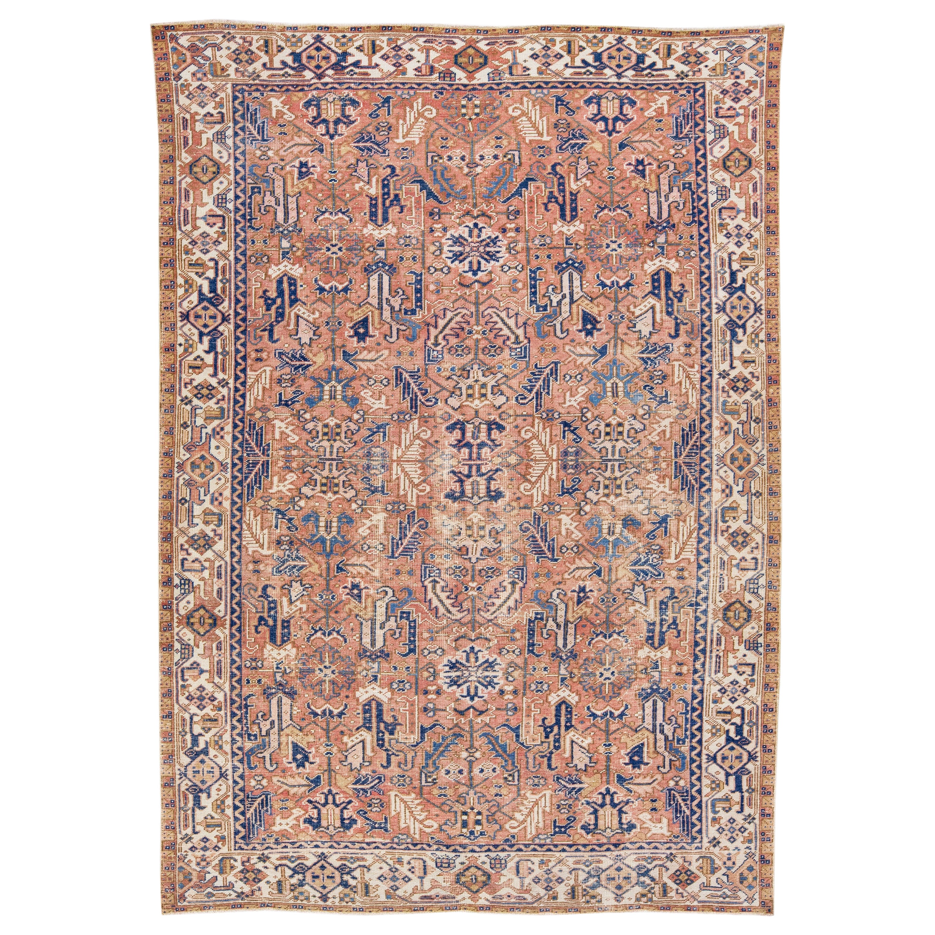 Peach Antique Persian Heriz Handmade Allover Pattern Wool Rug (tapis de laine)