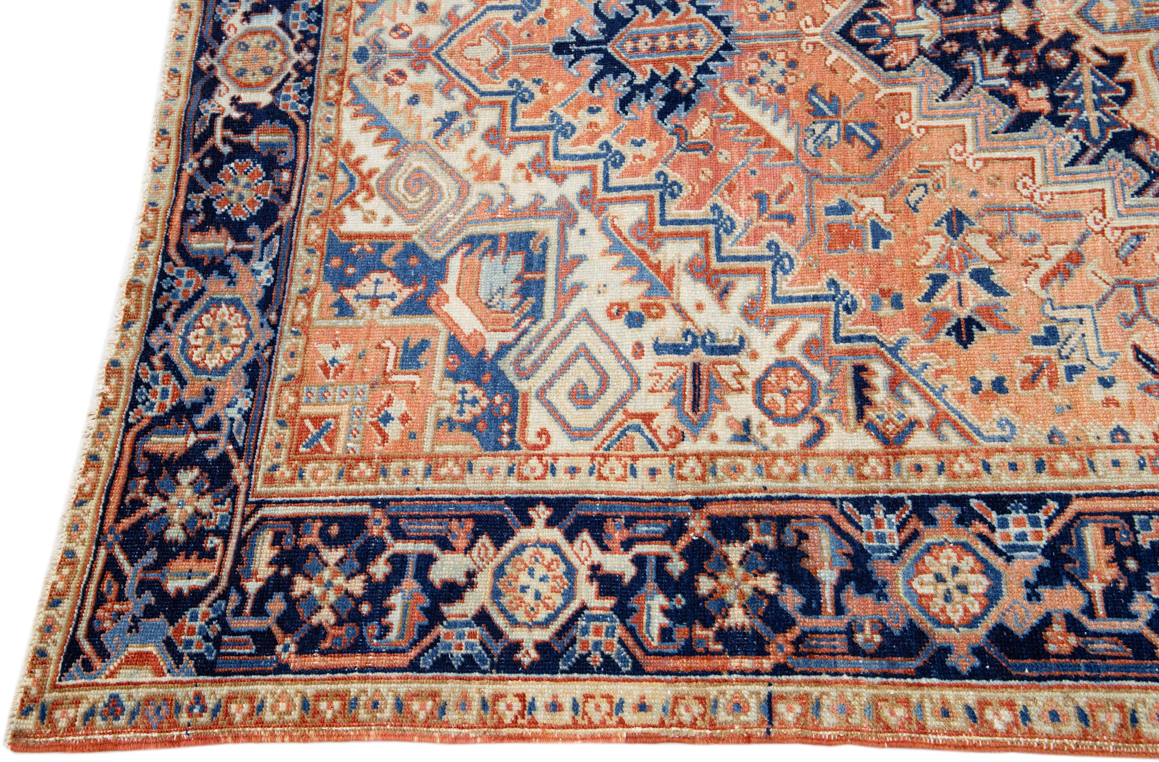 Hand-Knotted Peach Antique Persian Heriz Handmade Medallion Wool Rug For Sale