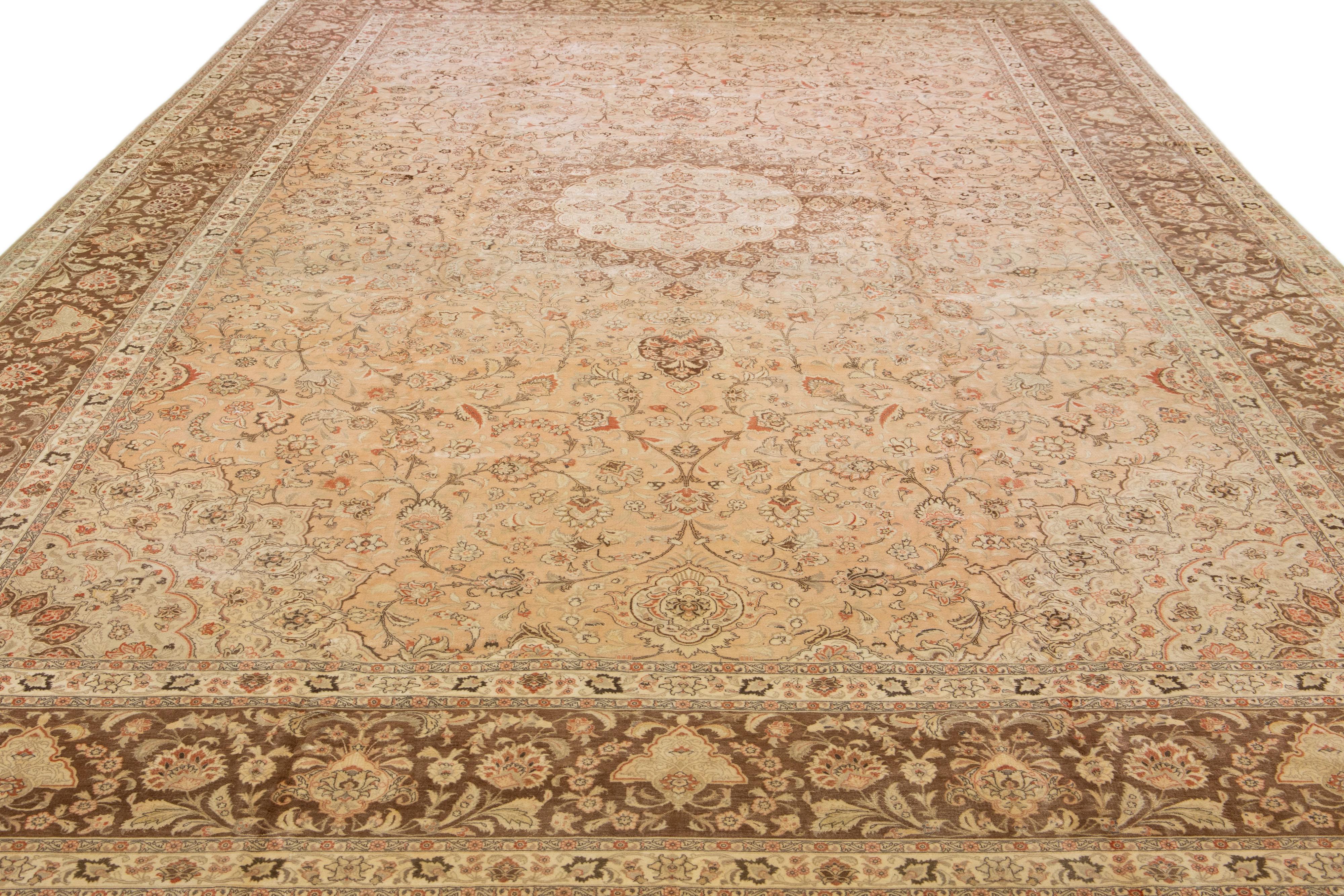 Islamic Peach Antique Tabriz Handmade Oversize Persian Wool Rug with Rosette Design For Sale