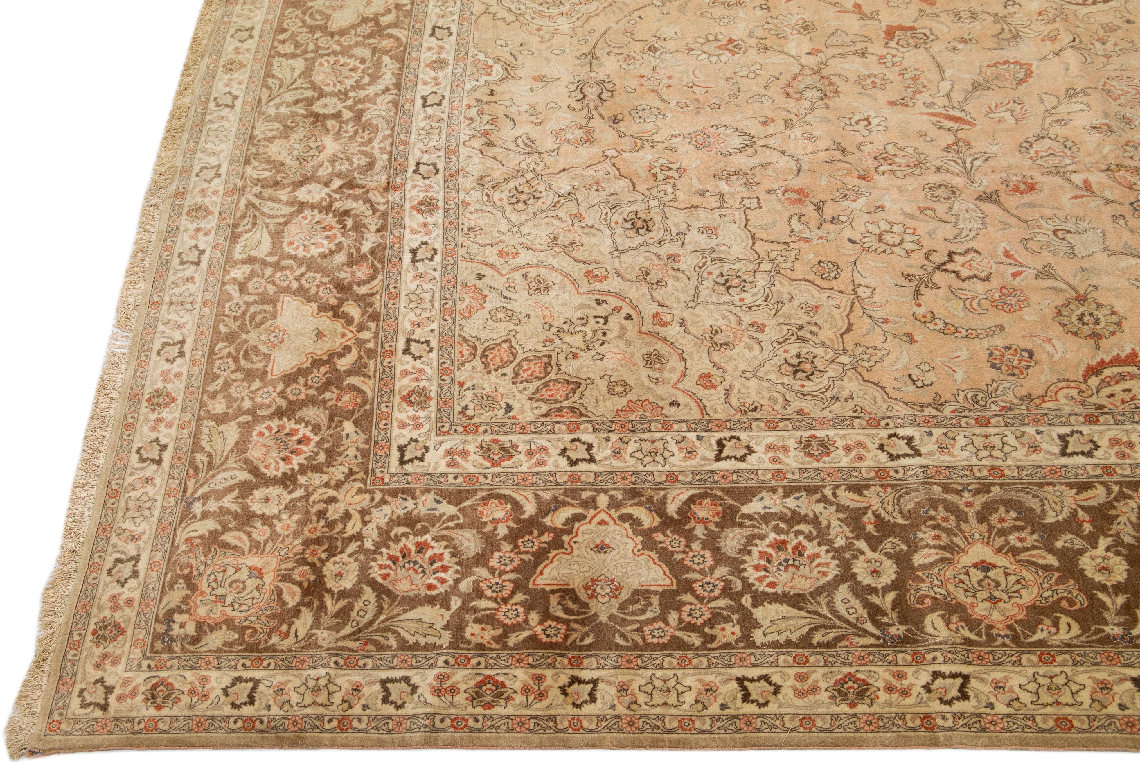 Hand-Knotted Peach Antique Tabriz Handmade Oversize Persian Wool Rug with Rosette Design For Sale