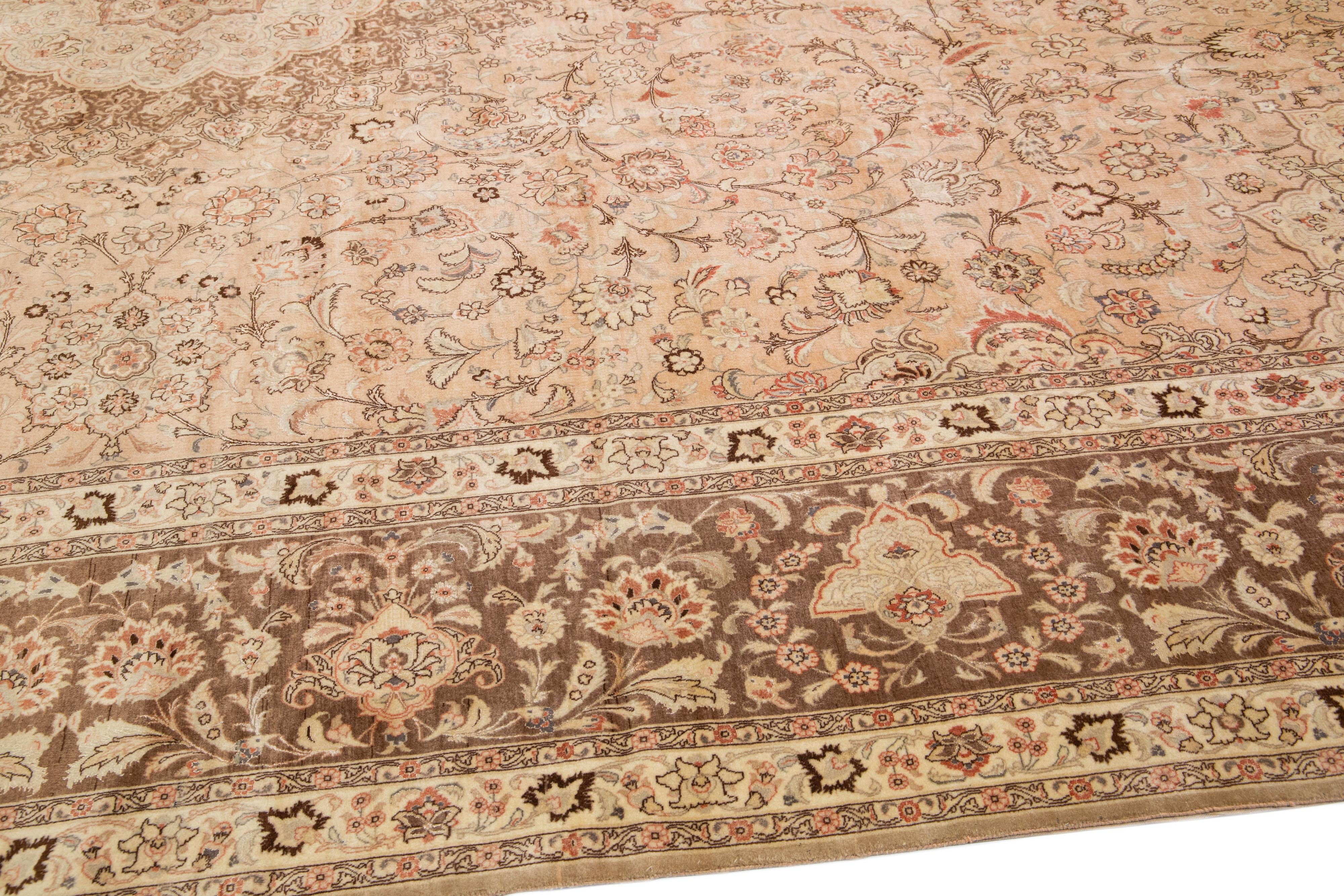 Peach Antique Tabriz Handmade Oversize Persian Wool Rug with Rosette Design For Sale 1