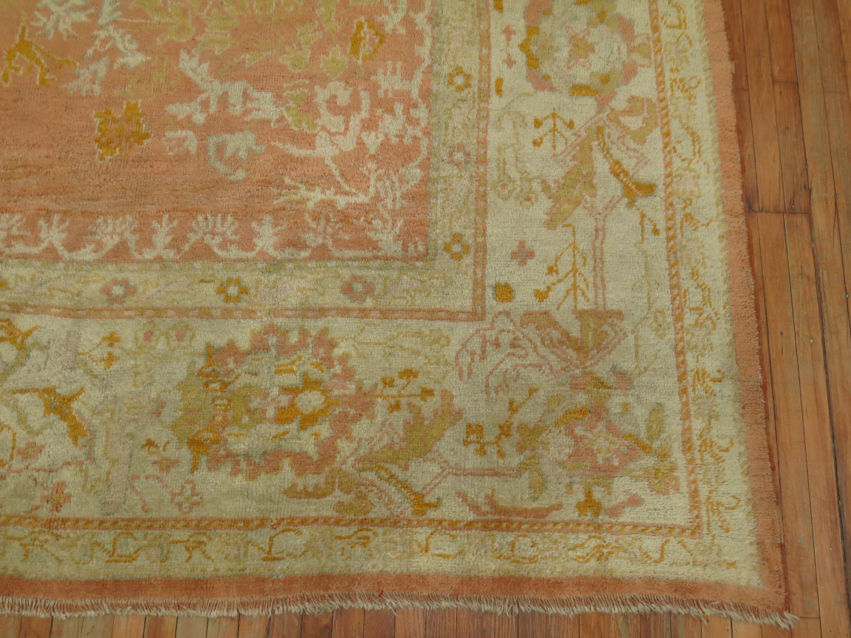 Peach Antique Turkish Oushak Carpet In Good Condition In New York, NY