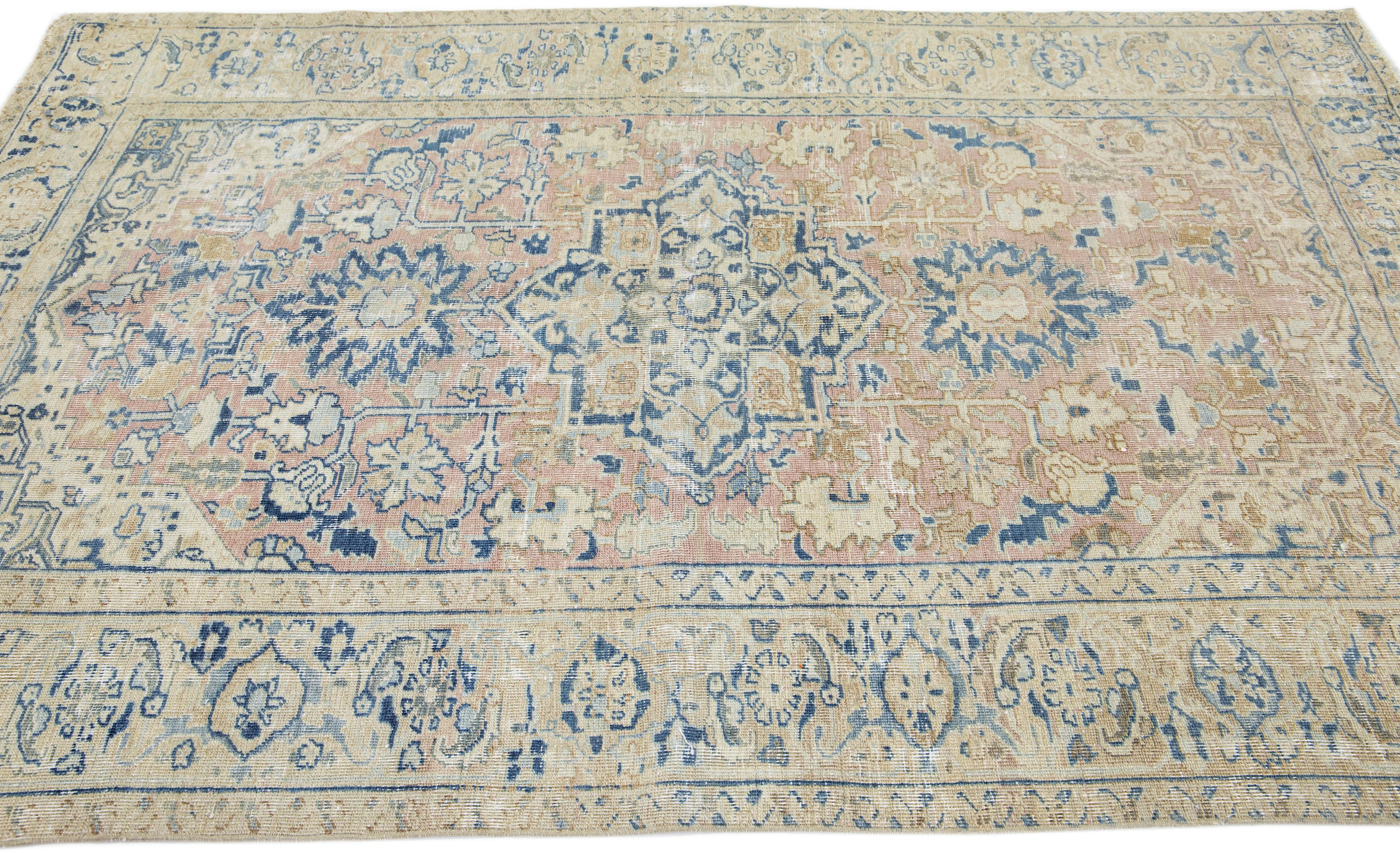 Hand-Knotted Peach & Beige Handmade Antique Persian Heriz Wool Rug with Medallion Motif For Sale